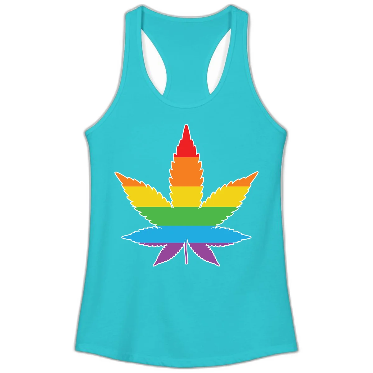 Rainbow-striped cannabis leaf with red, orange, yellow, green, blue, and purple horizontal bands and white outline in Solid Tahiti Blue