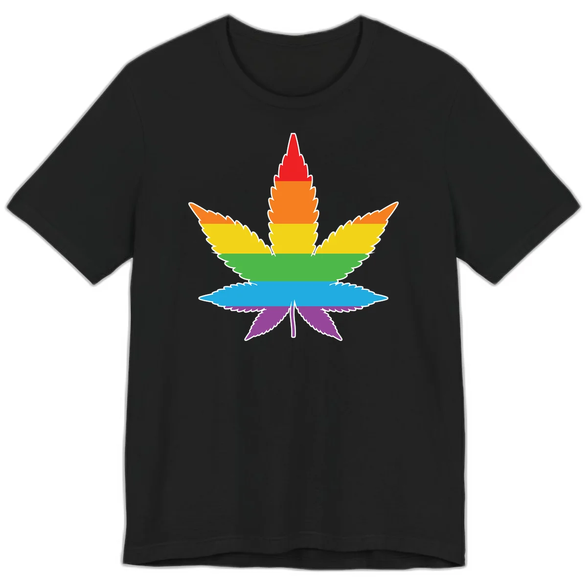 Rainbow-striped cannabis leaf with red, orange, yellow, green, blue, and purple horizontal bands and white outline in Black