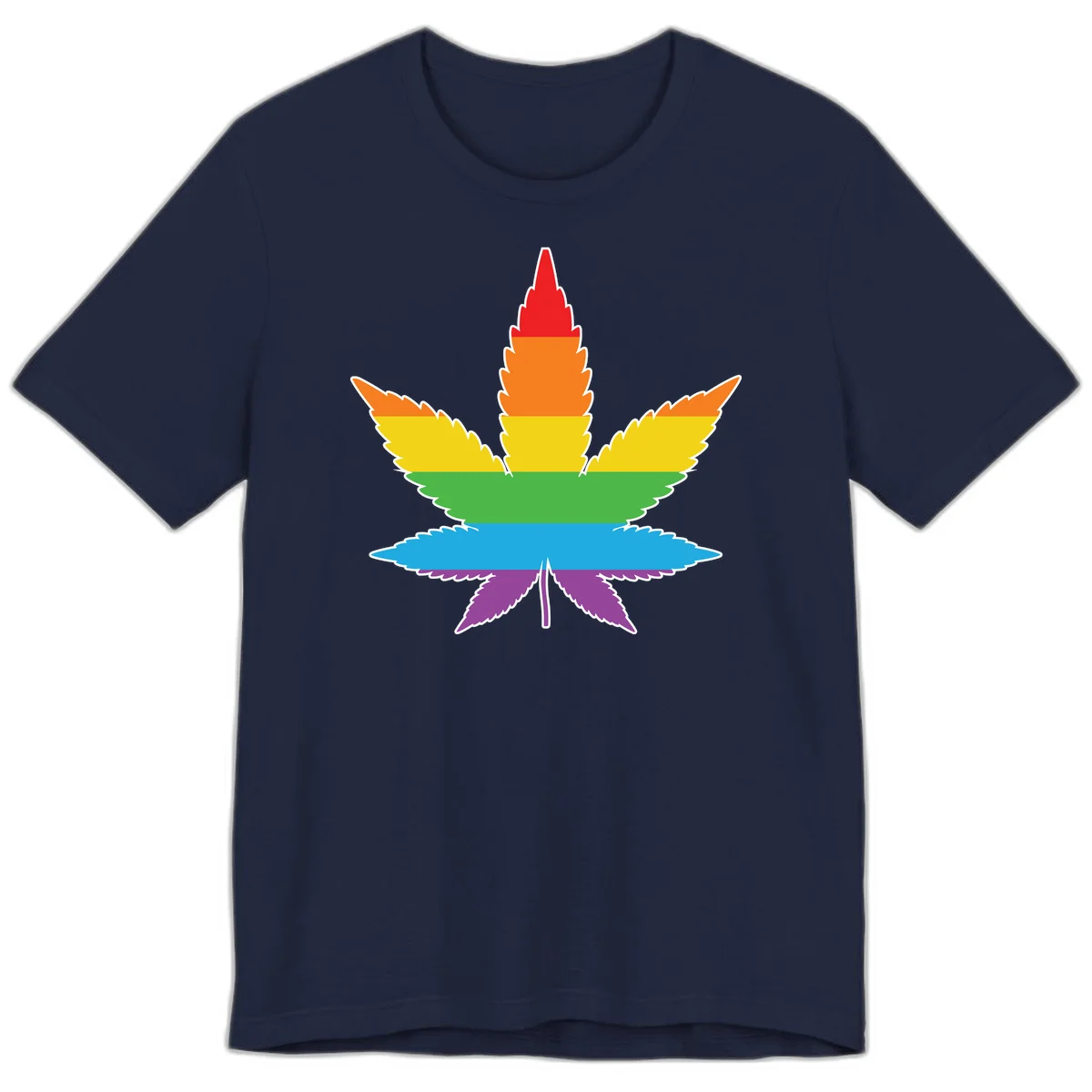 Rainbow-striped cannabis leaf with red, orange, yellow, green, blue, and purple horizontal bands and white outline in Navy