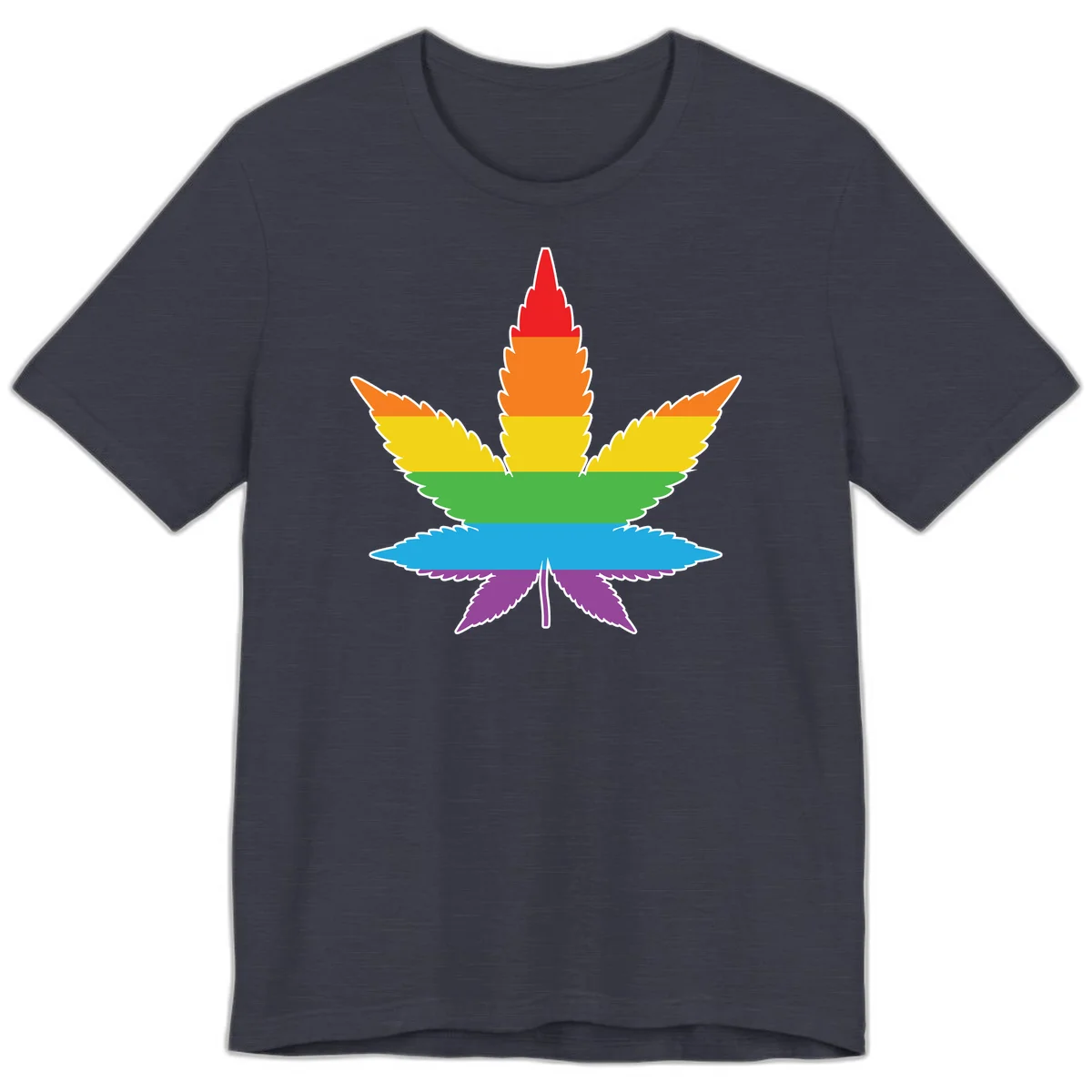 Rainbow-striped cannabis leaf with red, orange, yellow, green, blue, and purple horizontal bands and white outline in Heather Midnight Navy