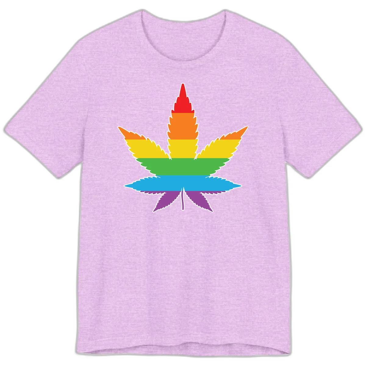 Rainbow-striped cannabis leaf with red, orange, yellow, green, blue, and purple horizontal bands and white outline in Heather Prism Lilac