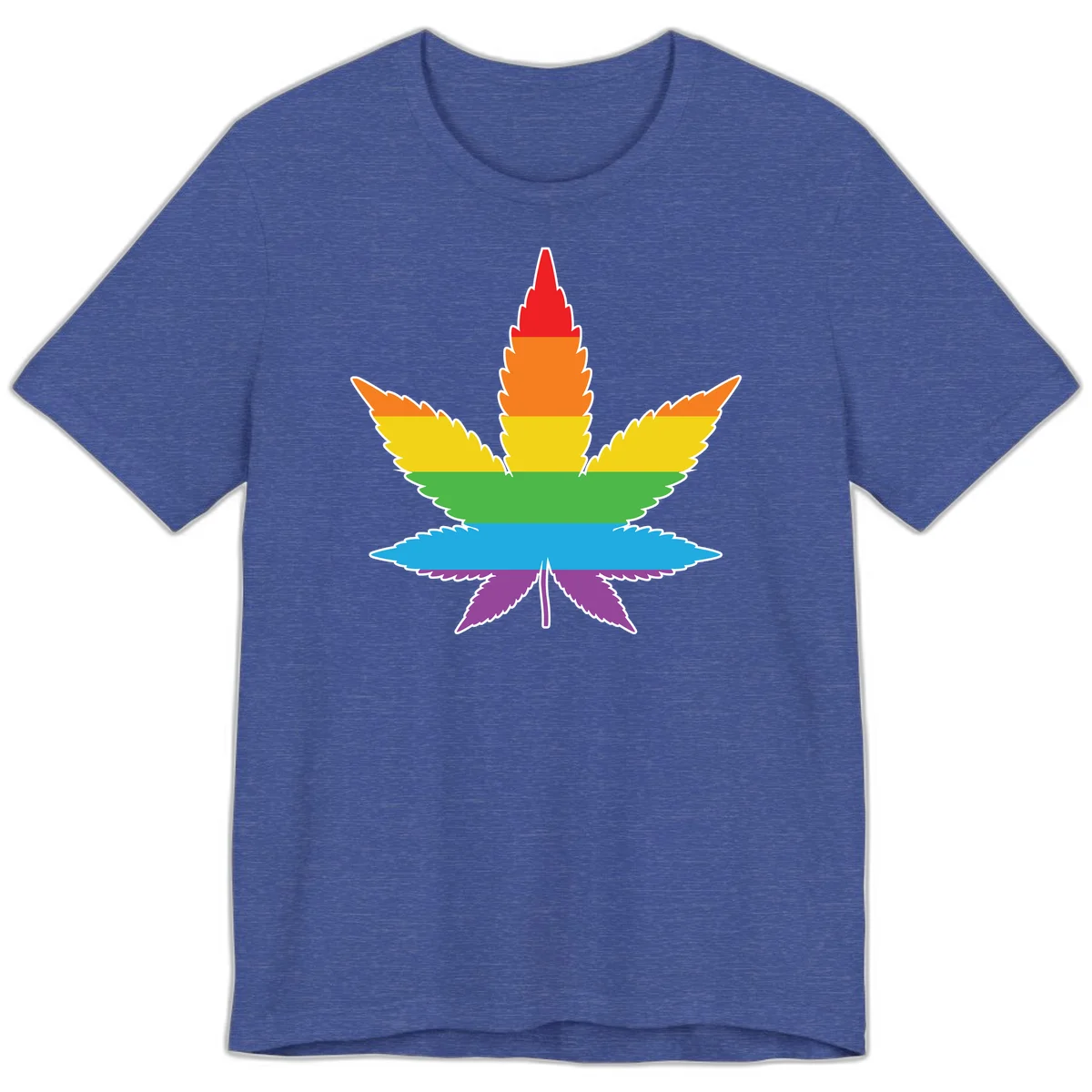 Rainbow-striped cannabis leaf with red, orange, yellow, green, blue, and purple horizontal bands and white outline in Heather True Royal