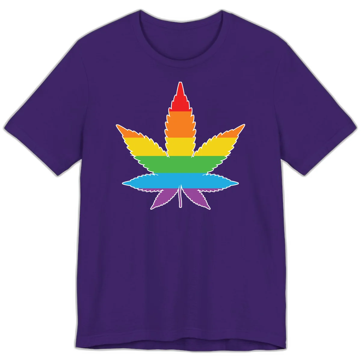 Rainbow-striped cannabis leaf with red, orange, yellow, green, blue, and purple horizontal bands and white outline in Team Purple