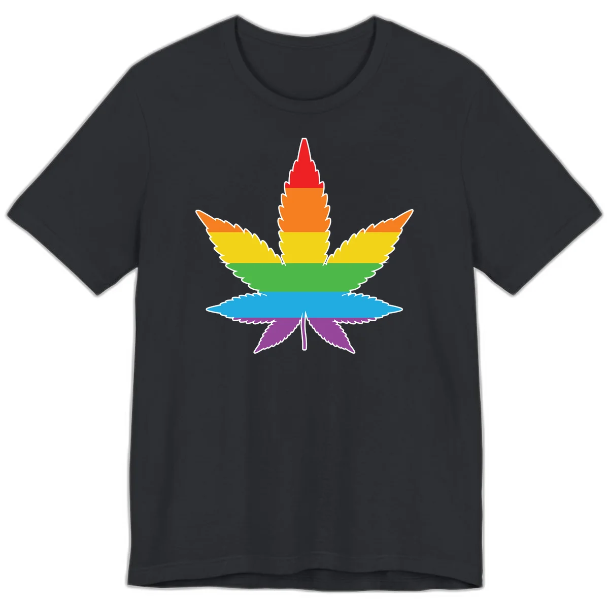 Rainbow-striped cannabis leaf with red, orange, yellow, green, blue, and purple horizontal bands and white outline in Vintage Black