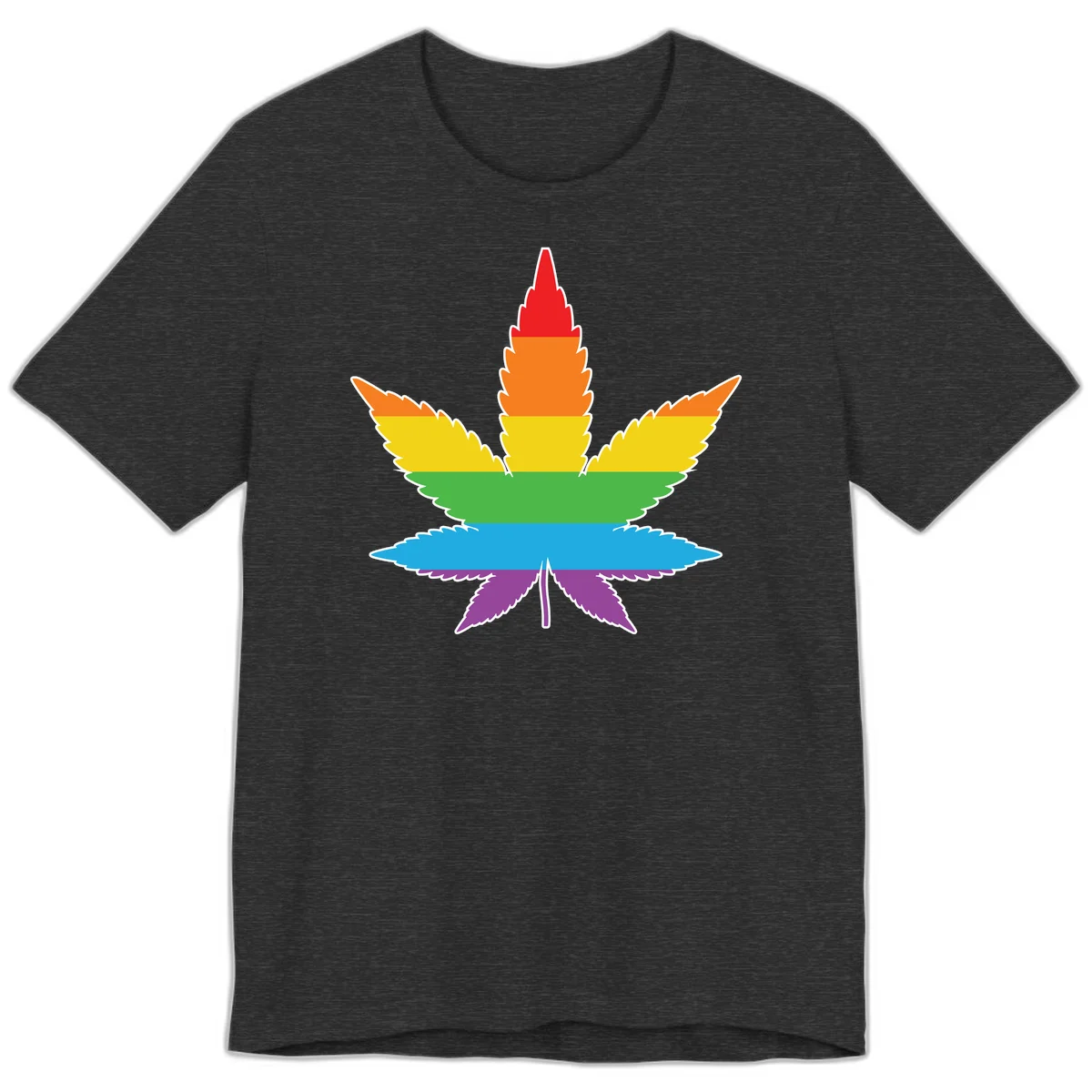 Rainbow-striped cannabis leaf with red, orange, yellow, green, blue, and purple horizontal bands and white outline in Dark Grey Heather