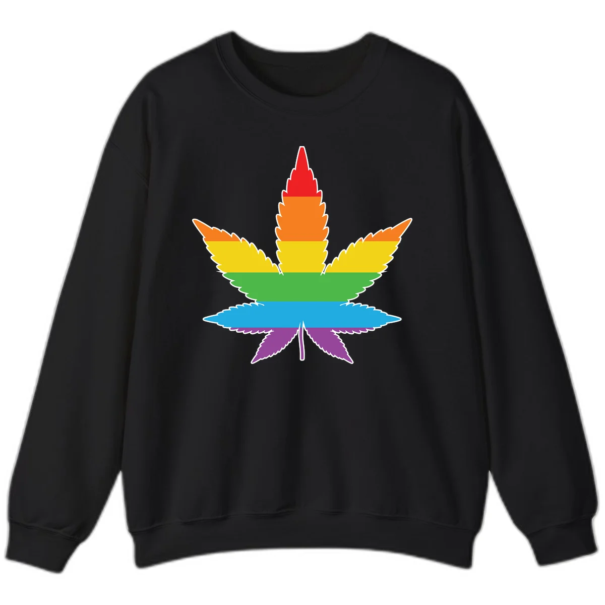 Rainbow-striped cannabis leaf with red, orange, yellow, green, blue, and purple horizontal bands and white outline in Black