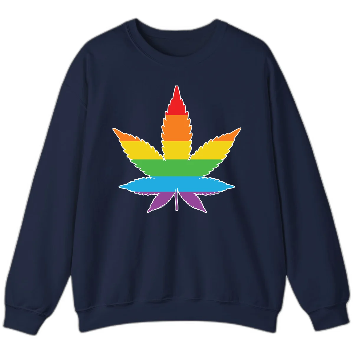 Rainbow-striped cannabis leaf with red, orange, yellow, green, blue, and purple horizontal bands and white outline in Navy