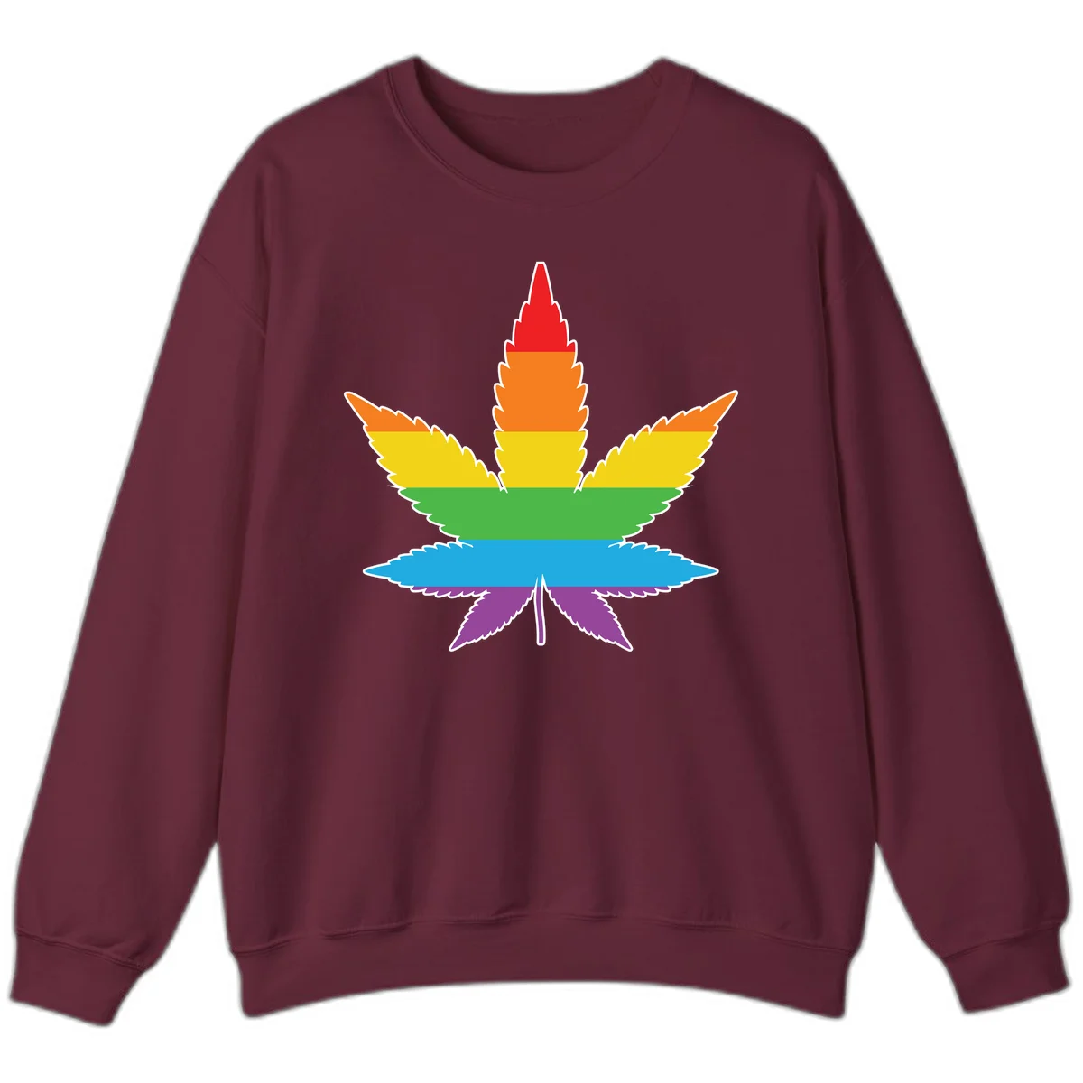 Rainbow-striped cannabis leaf with red, orange, yellow, green, blue, and purple horizontal bands and white outline in Maroon
