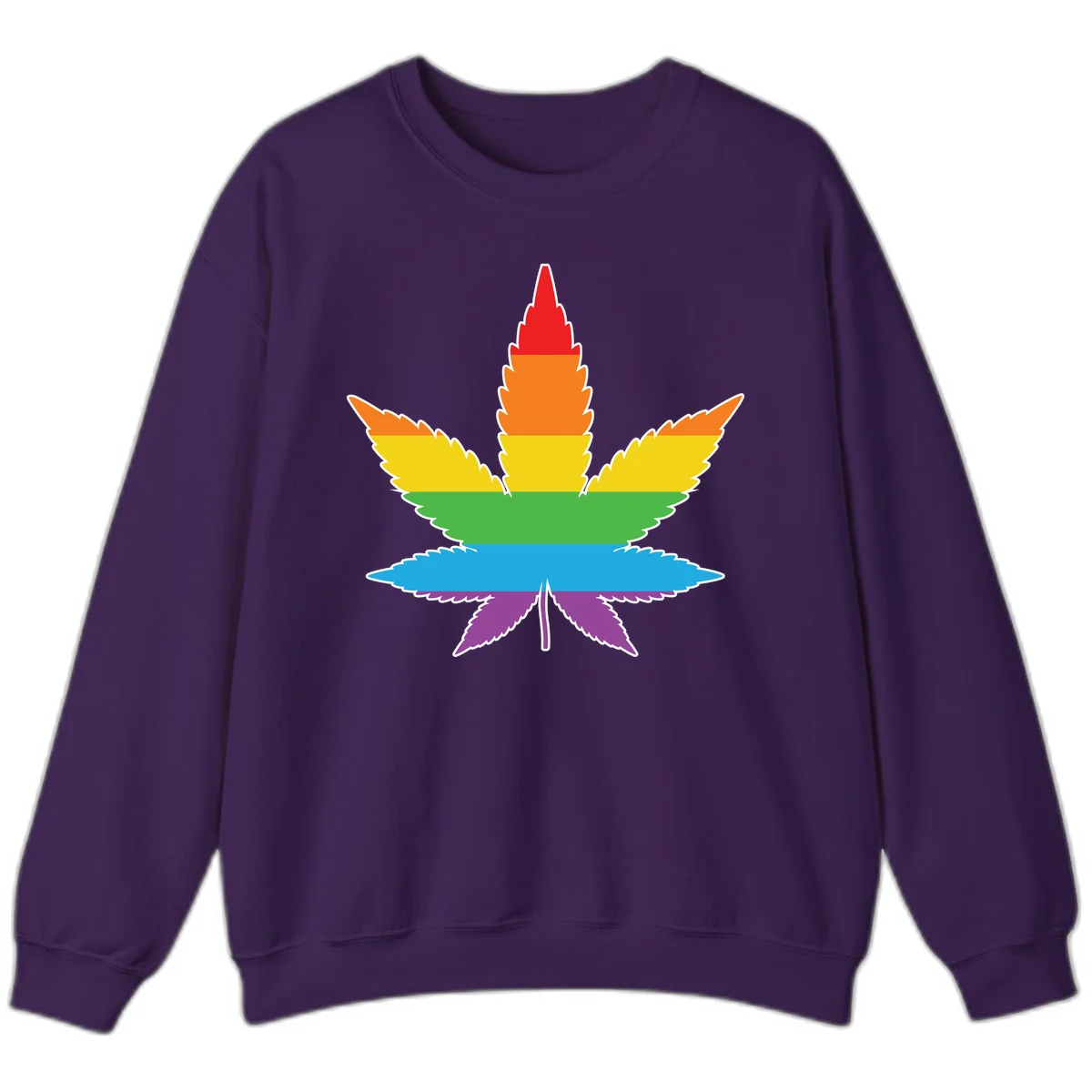 Rainbow-striped cannabis leaf with red, orange, yellow, green, blue, and purple horizontal bands and white outline in Purple
