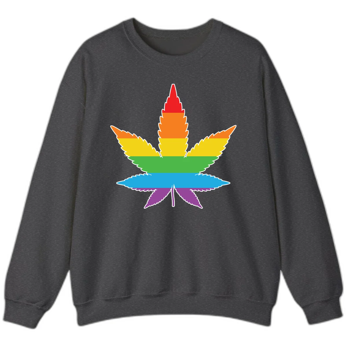 Rainbow-striped cannabis leaf with red, orange, yellow, green, blue, and purple horizontal bands and white outline in Dark Heather