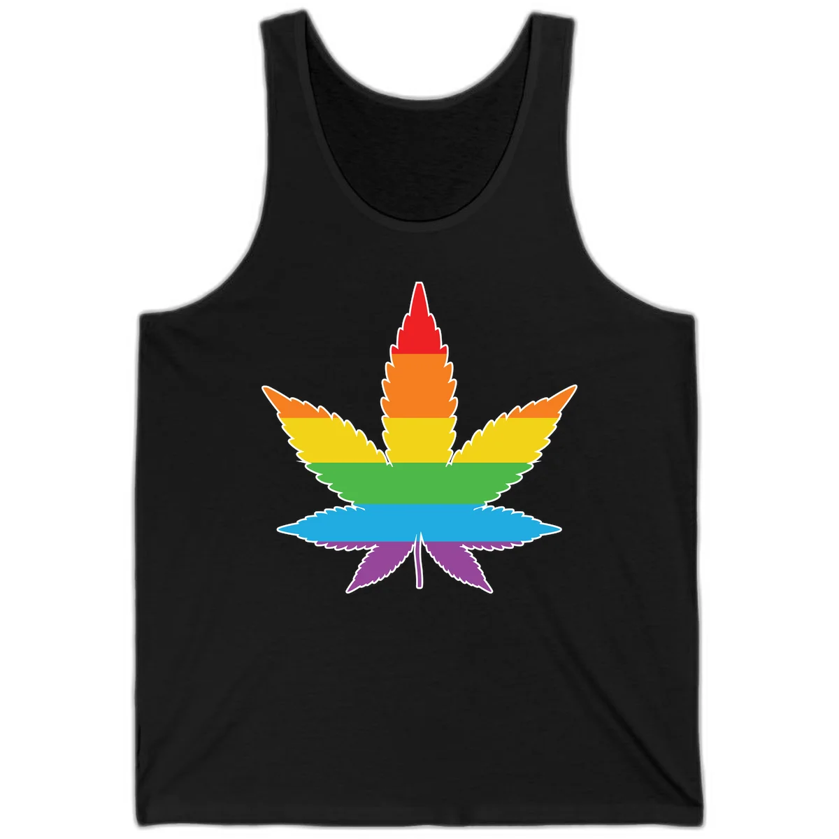 Rainbow-striped cannabis leaf with red, orange, yellow, green, blue, and purple horizontal bands and white outline in Black