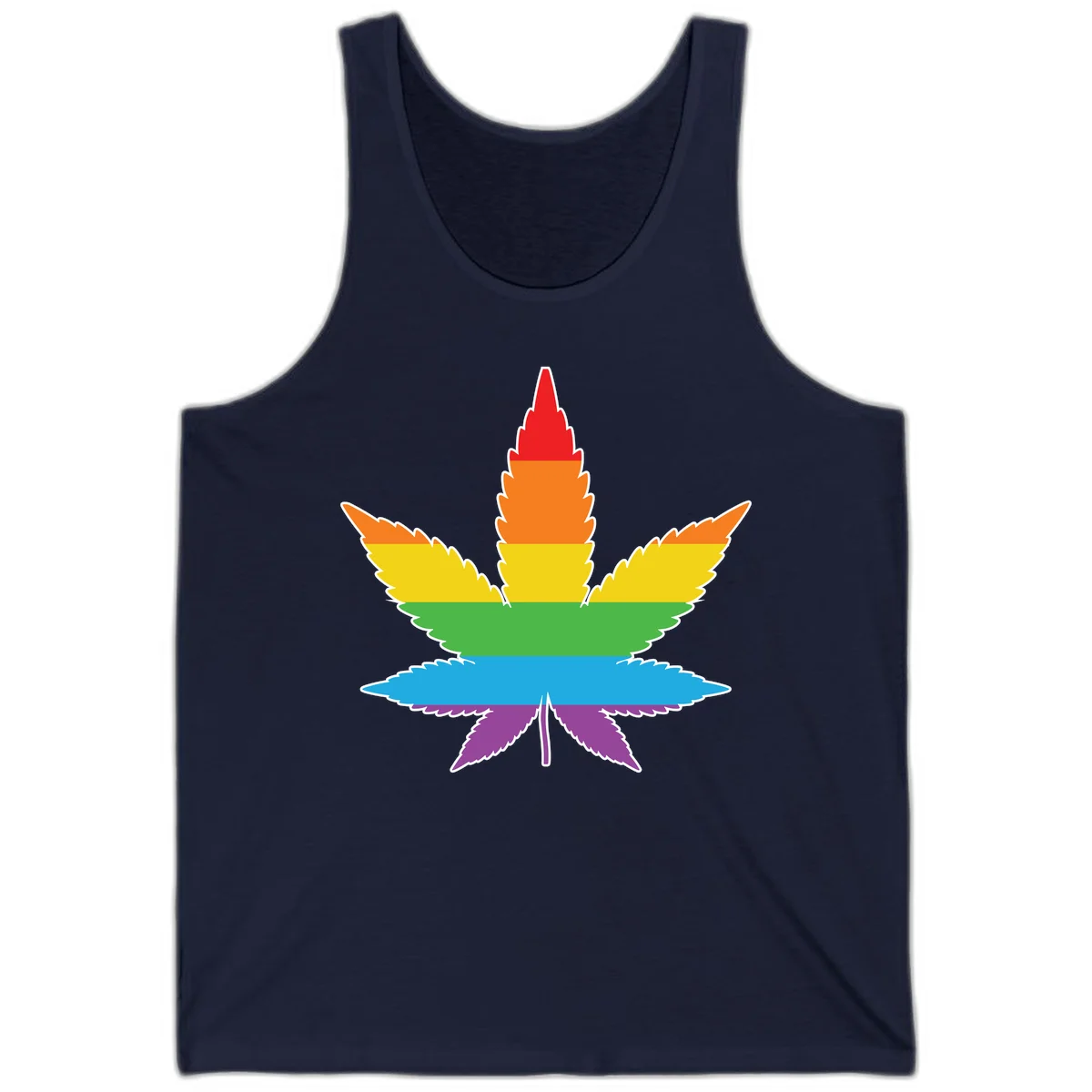 Rainbow-striped cannabis leaf with red, orange, yellow, green, blue, and purple horizontal bands and white outline in Navy