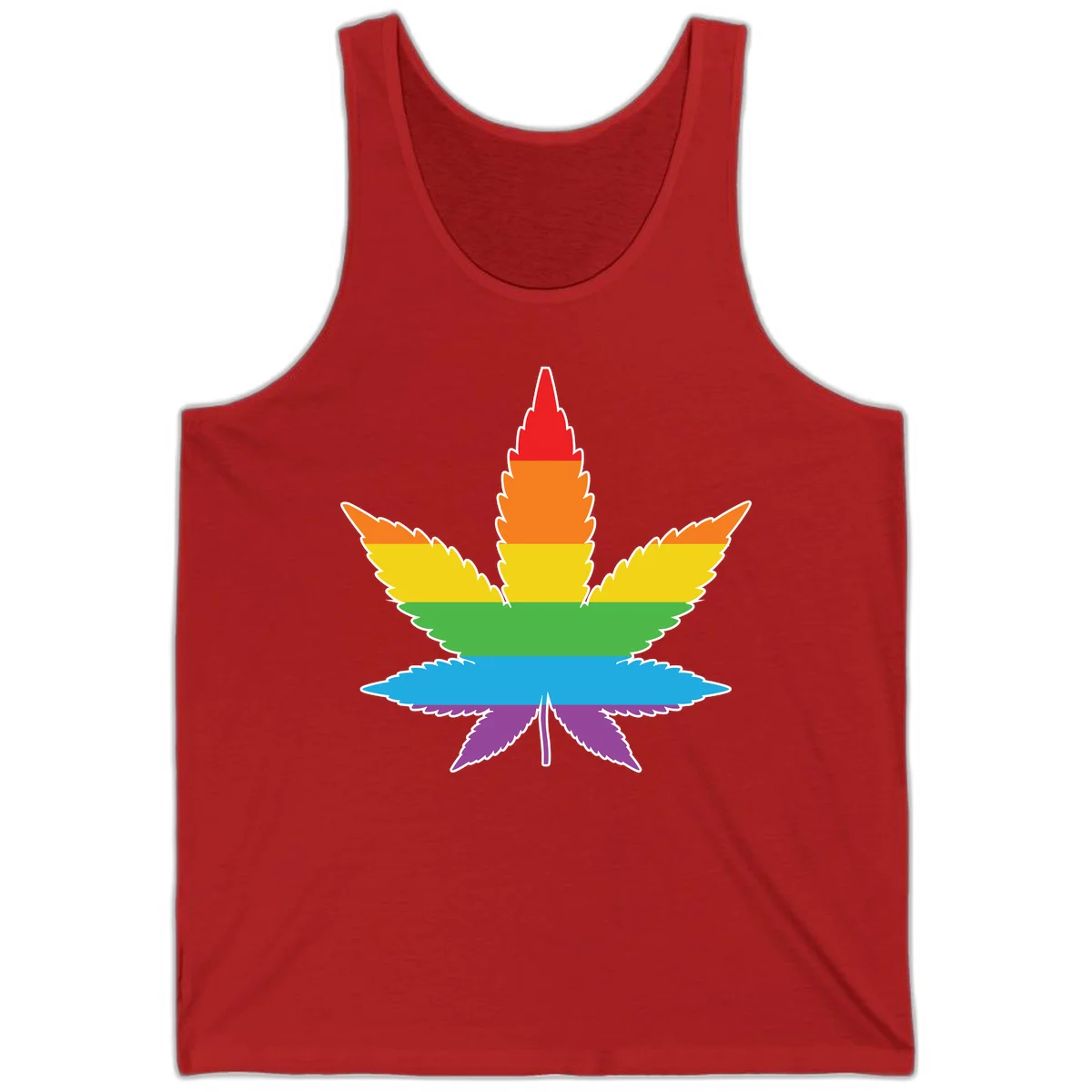 Rainbow-striped cannabis leaf with red, orange, yellow, green, blue, and purple horizontal bands and white outline in Red