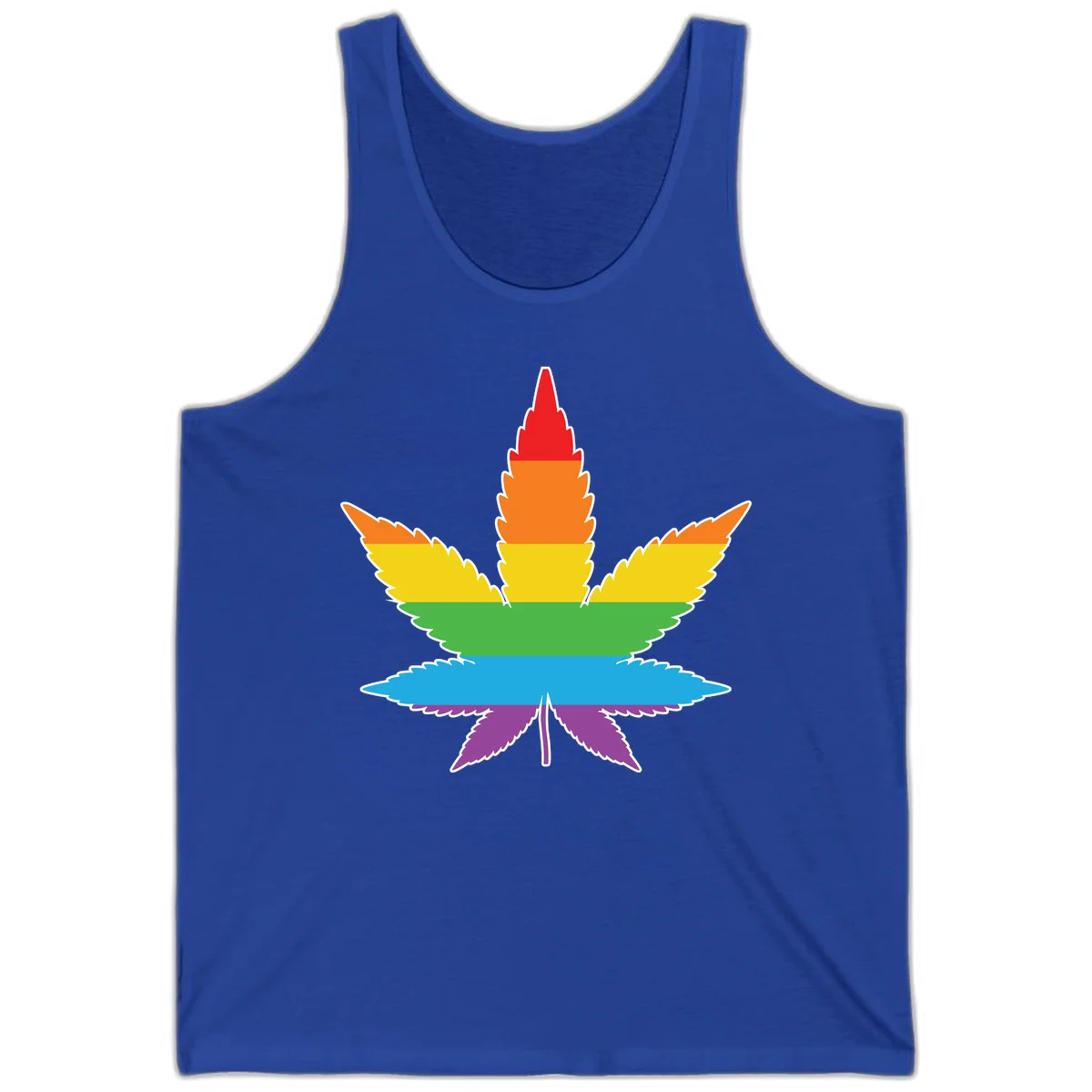 Rainbow-striped cannabis leaf with red, orange, yellow, green, blue, and purple horizontal bands and white outline in True Royal