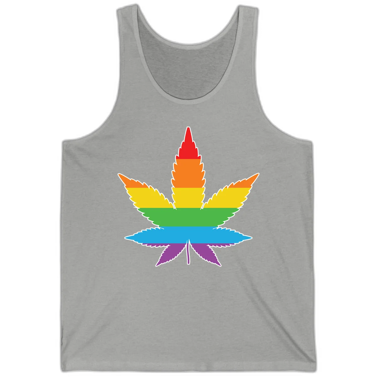 Rainbow-striped cannabis leaf with red, orange, yellow, green, blue, and purple horizontal bands and white outline in Athletic Heather
