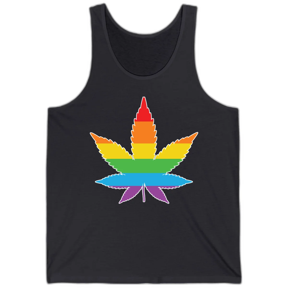 Rainbow-striped cannabis leaf with red, orange, yellow, green, blue, and purple horizontal bands and white outline in Dark Grey