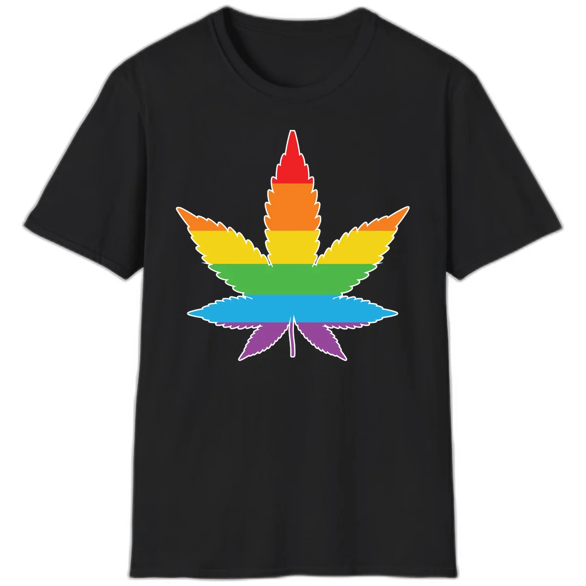 Rainbow-striped cannabis leaf with red, orange, yellow, green, blue, and purple horizontal bands and white outline in Black