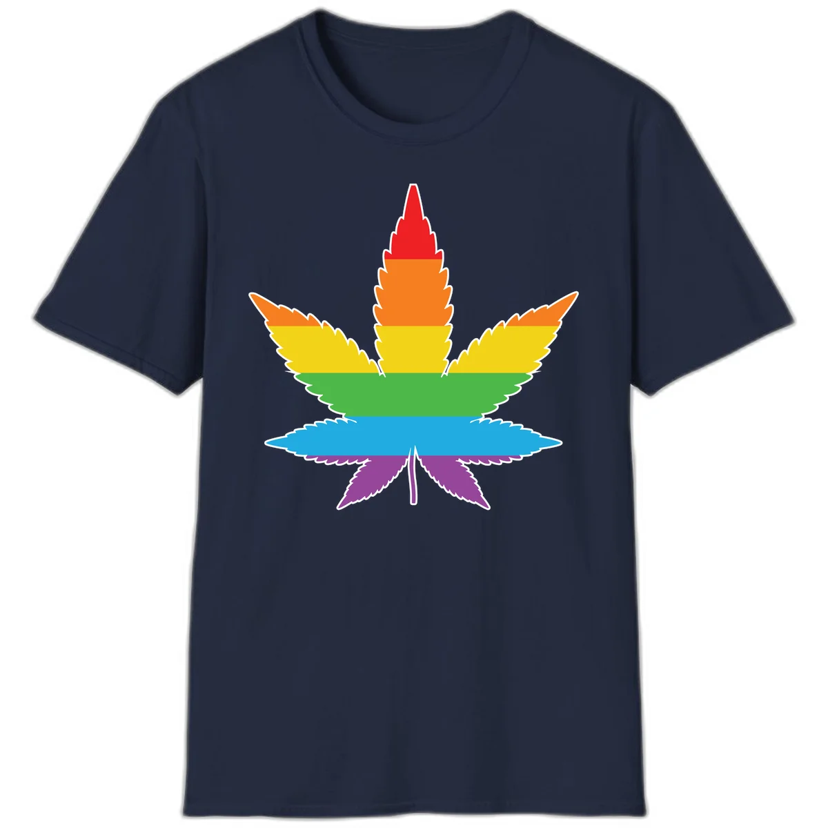 Rainbow-striped cannabis leaf with red, orange, yellow, green, blue, and purple horizontal bands and white outline in Navy