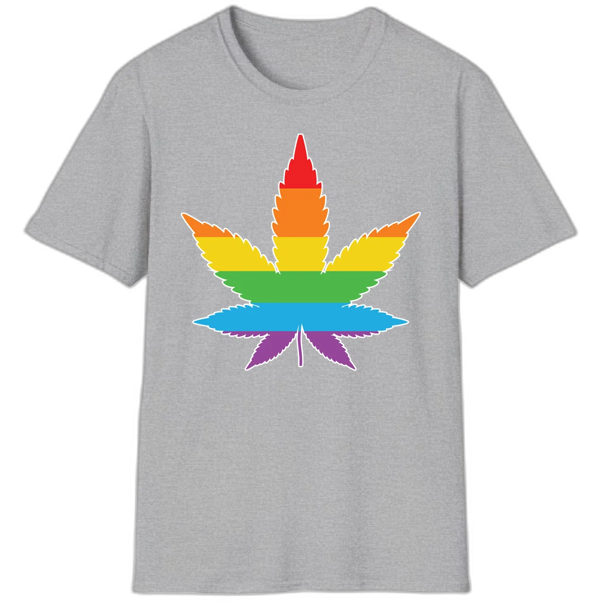 Rainbow-striped cannabis leaf with red, orange, yellow, green, blue, and purple horizontal bands and white outline in Sport Grey