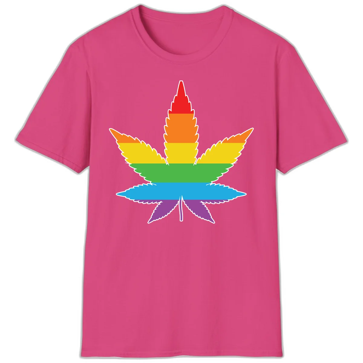 Rainbow-striped cannabis leaf with red, orange, yellow, green, blue, and purple horizontal bands and white outline in Heliconia