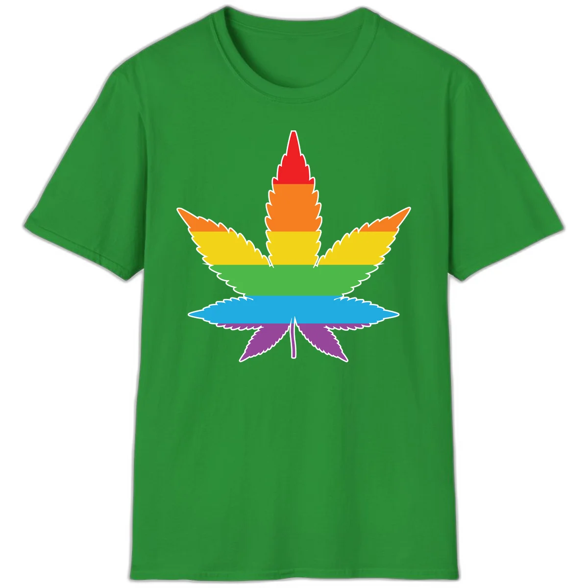 Rainbow-striped cannabis leaf with red, orange, yellow, green, blue, and purple horizontal bands and white outline in Irish Green