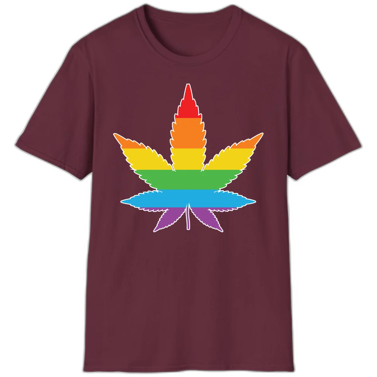 Rainbow-striped cannabis leaf with red, orange, yellow, green, blue, and purple horizontal bands and white outline in Maroon