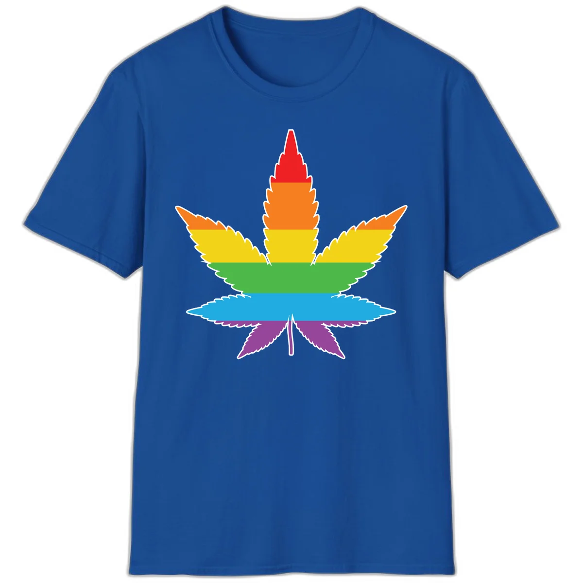 Rainbow-striped cannabis leaf with red, orange, yellow, green, blue, and purple horizontal bands and white outline in Royal