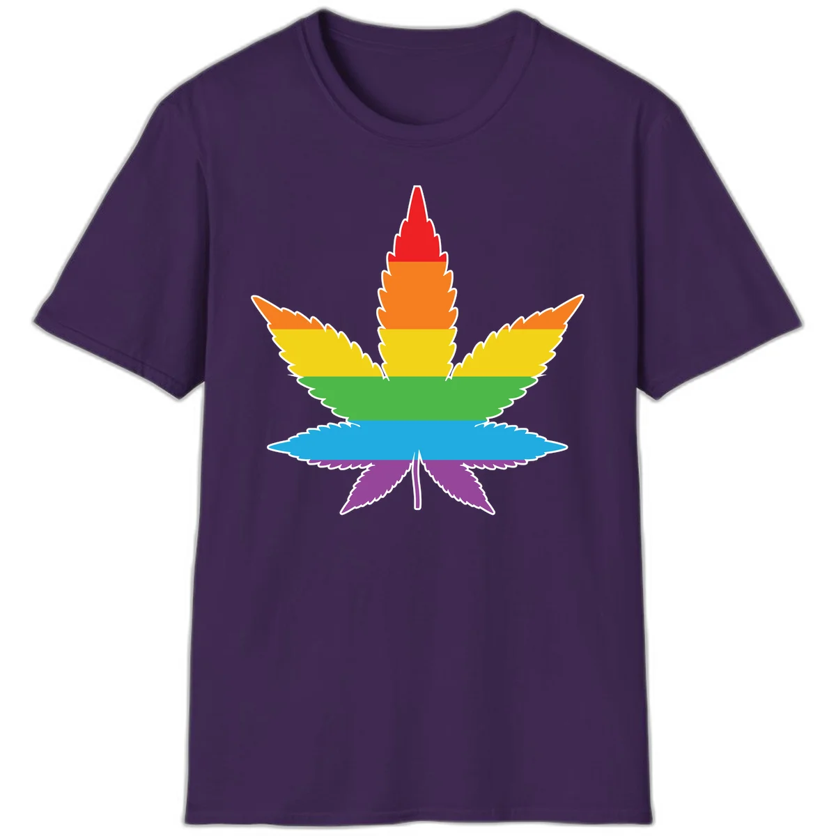 Rainbow-striped cannabis leaf with red, orange, yellow, green, blue, and purple horizontal bands and white outline in Purple
