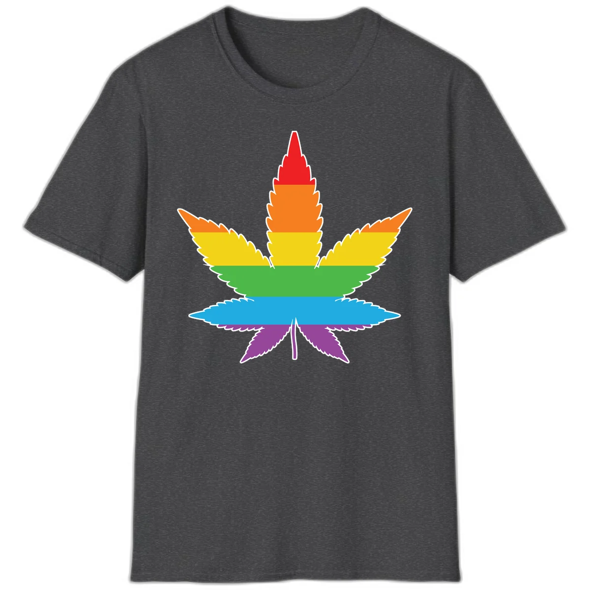Rainbow-striped cannabis leaf with red, orange, yellow, green, blue, and purple horizontal bands and white outline in Dark Heather