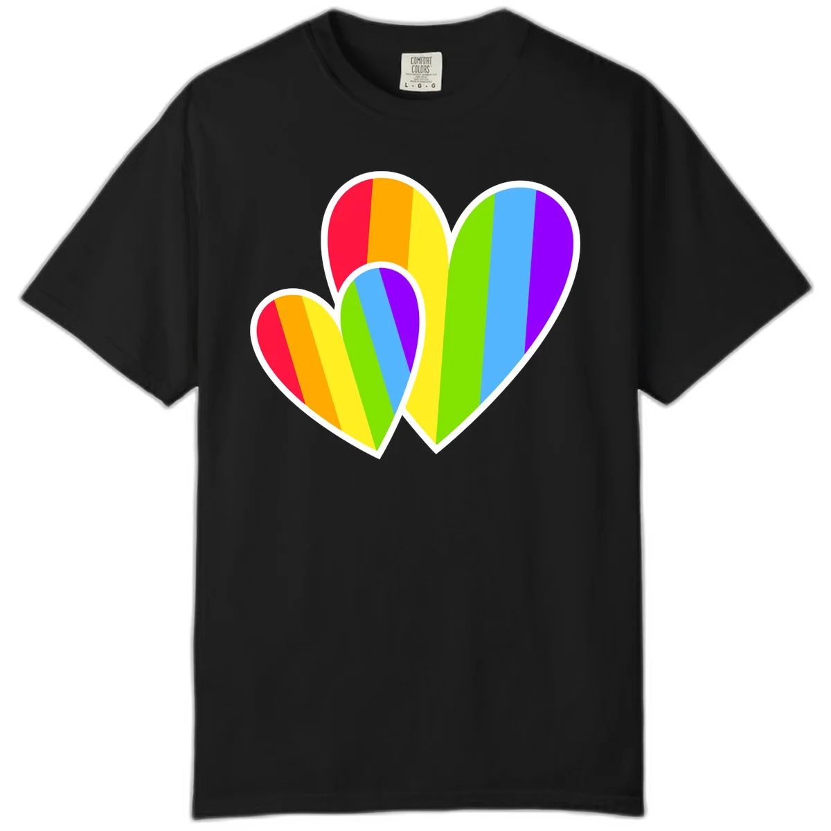 Three overlapping hearts with vertical rainbow stripes in pride colors: red, orange, yellow, green, blue, and purple with white borders in Black