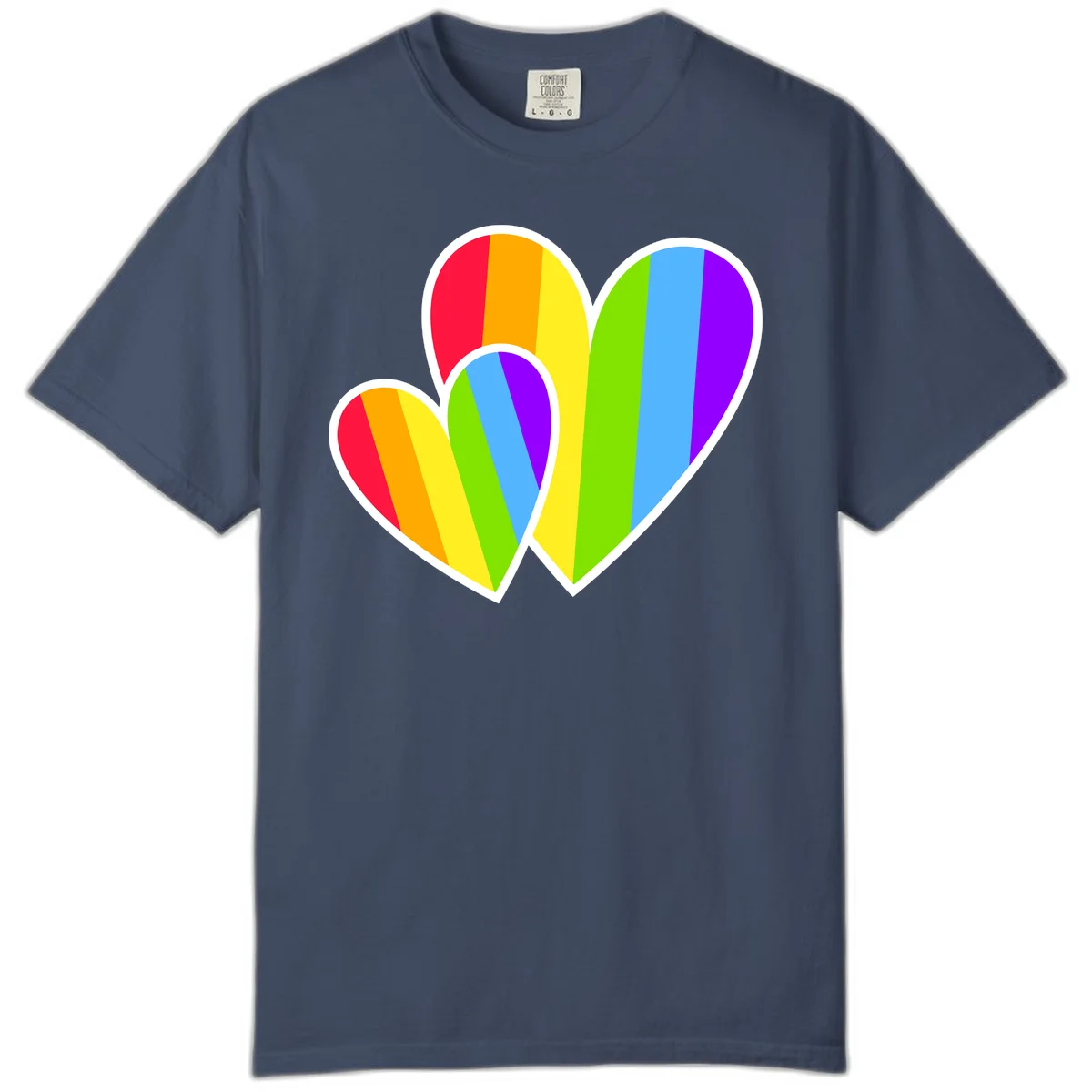 Three overlapping hearts with vertical rainbow stripes in pride colors: red, orange, yellow, green, blue, and purple with white borders in Midnight