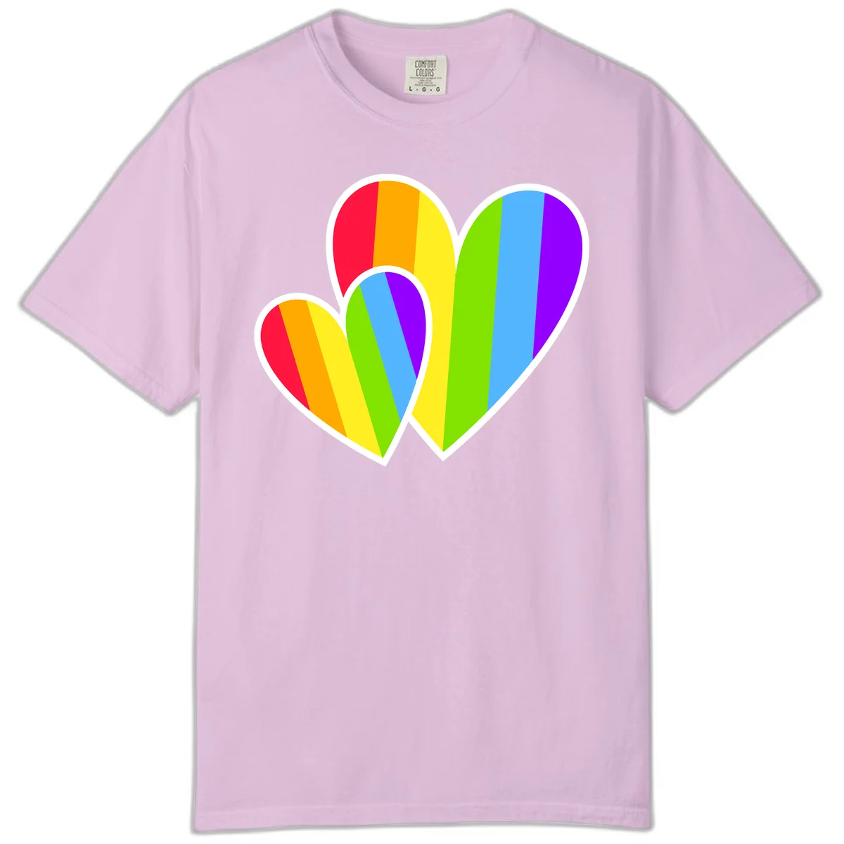 Three overlapping hearts with vertical rainbow stripes in pride colors: red, orange, yellow, green, blue, and purple with white borders in Orchid