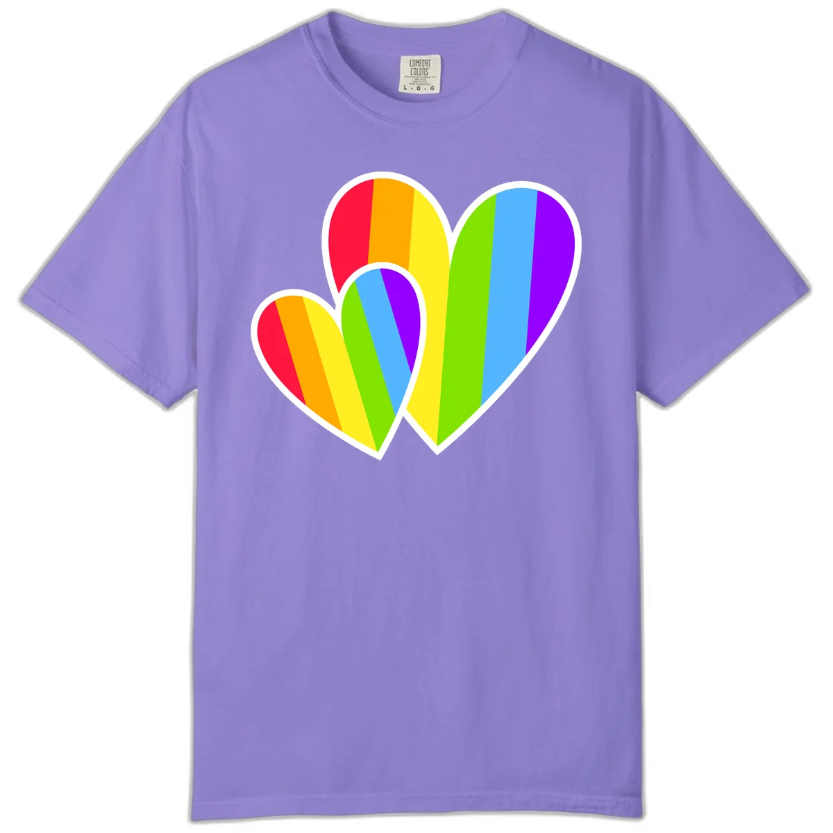 Three overlapping hearts with vertical rainbow stripes in pride colors: red, orange, yellow, green, blue, and purple with white borders in Violet