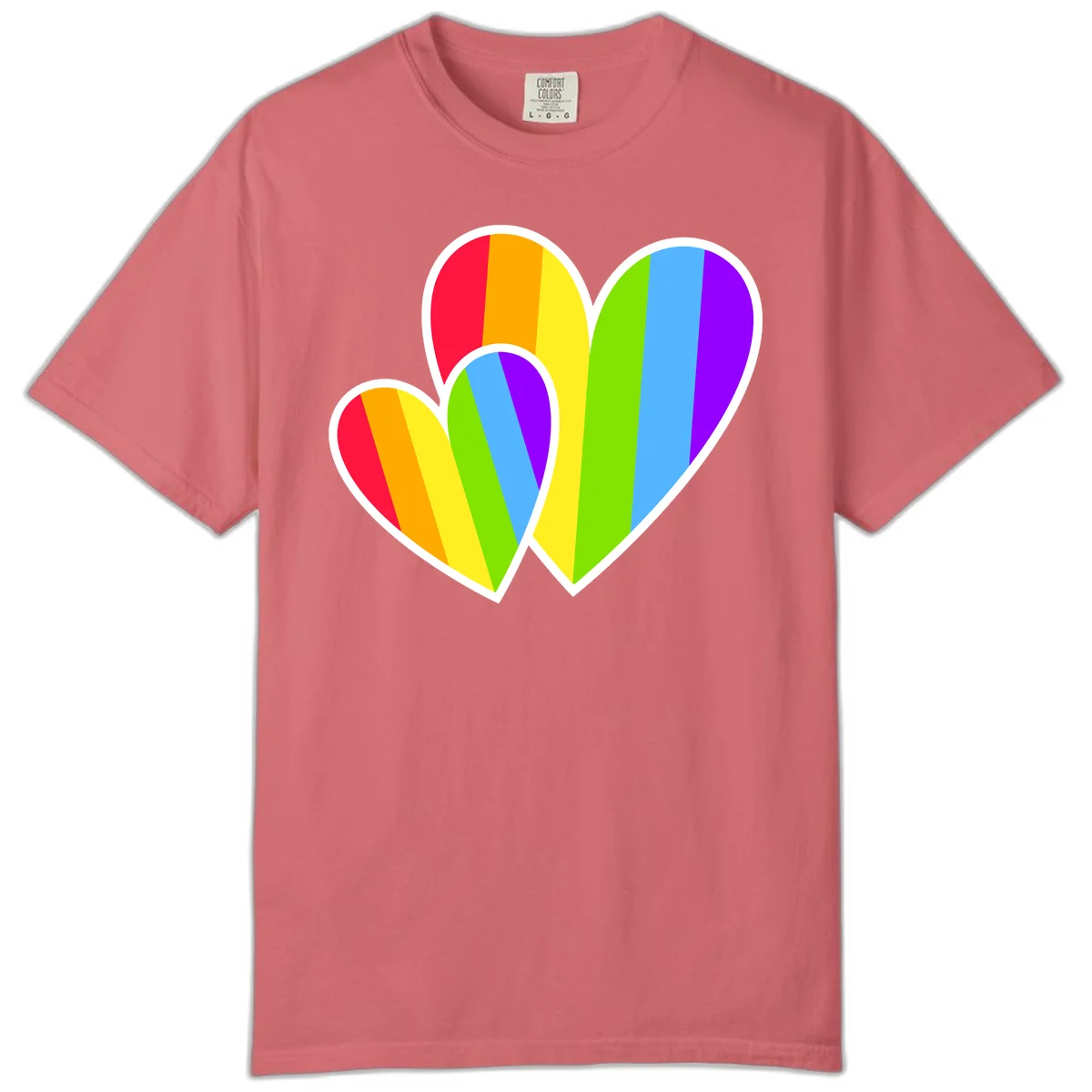 Three overlapping hearts with vertical rainbow stripes in pride colors: red, orange, yellow, green, blue, and purple with white borders in Watermelon