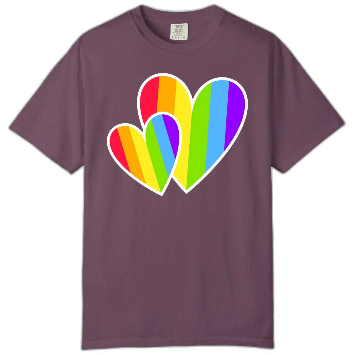 Three overlapping hearts with vertical rainbow stripes in pride colors: red, orange, yellow, green, blue, and purple with white borders in Berry