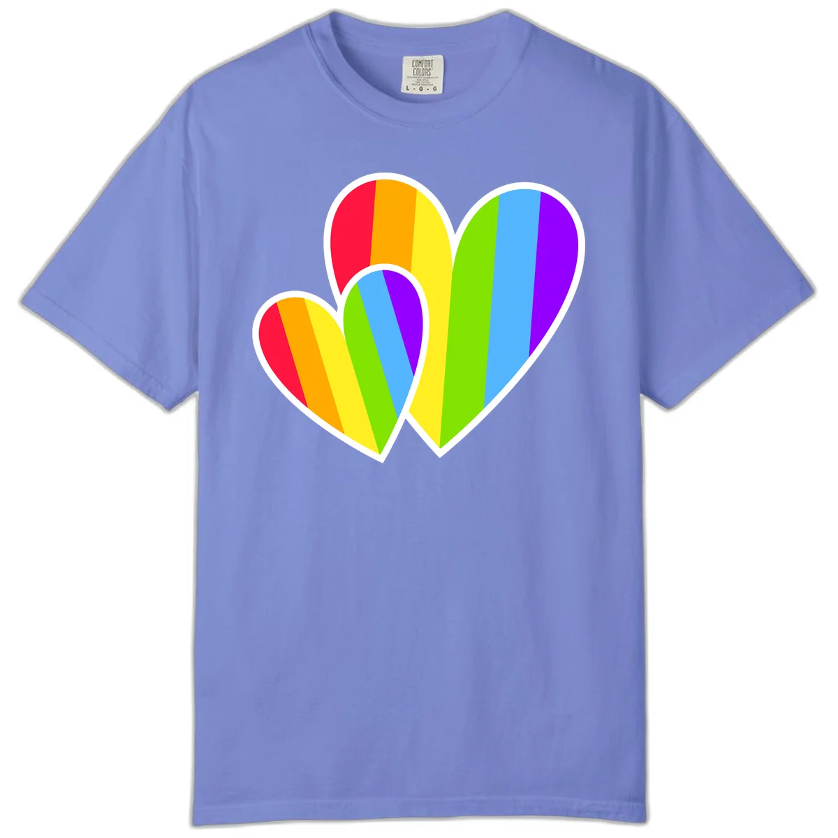 Three overlapping hearts with vertical rainbow stripes in pride colors: red, orange, yellow, green, blue, and purple with white borders in Flo Blue