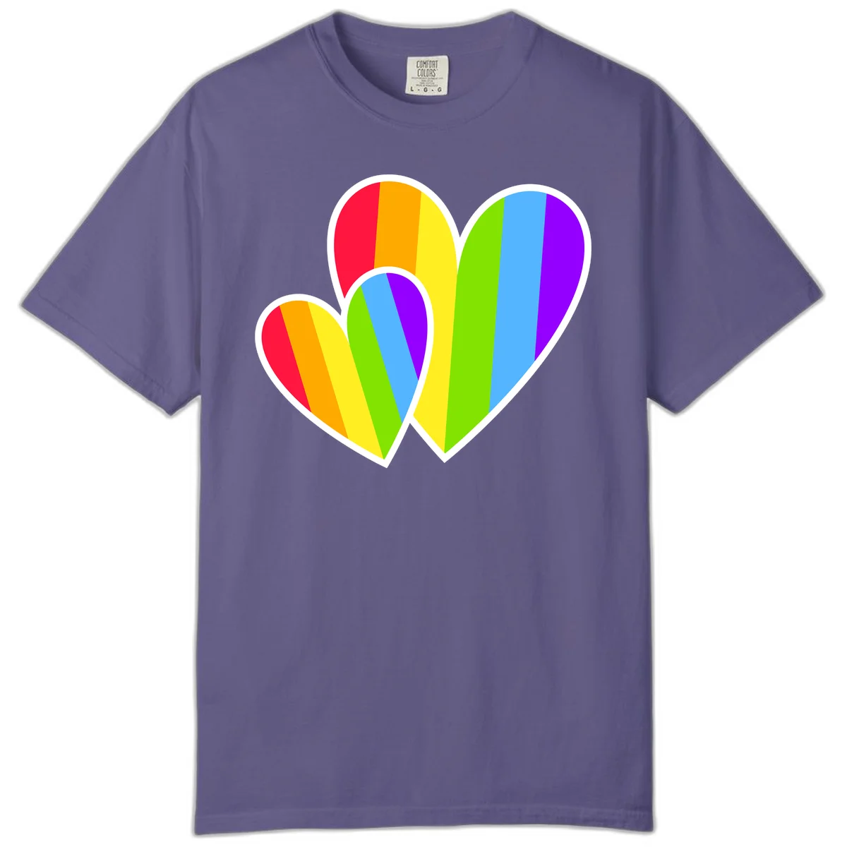 Three overlapping hearts with vertical rainbow stripes in pride colors: red, orange, yellow, green, blue, and purple with white borders in Grape