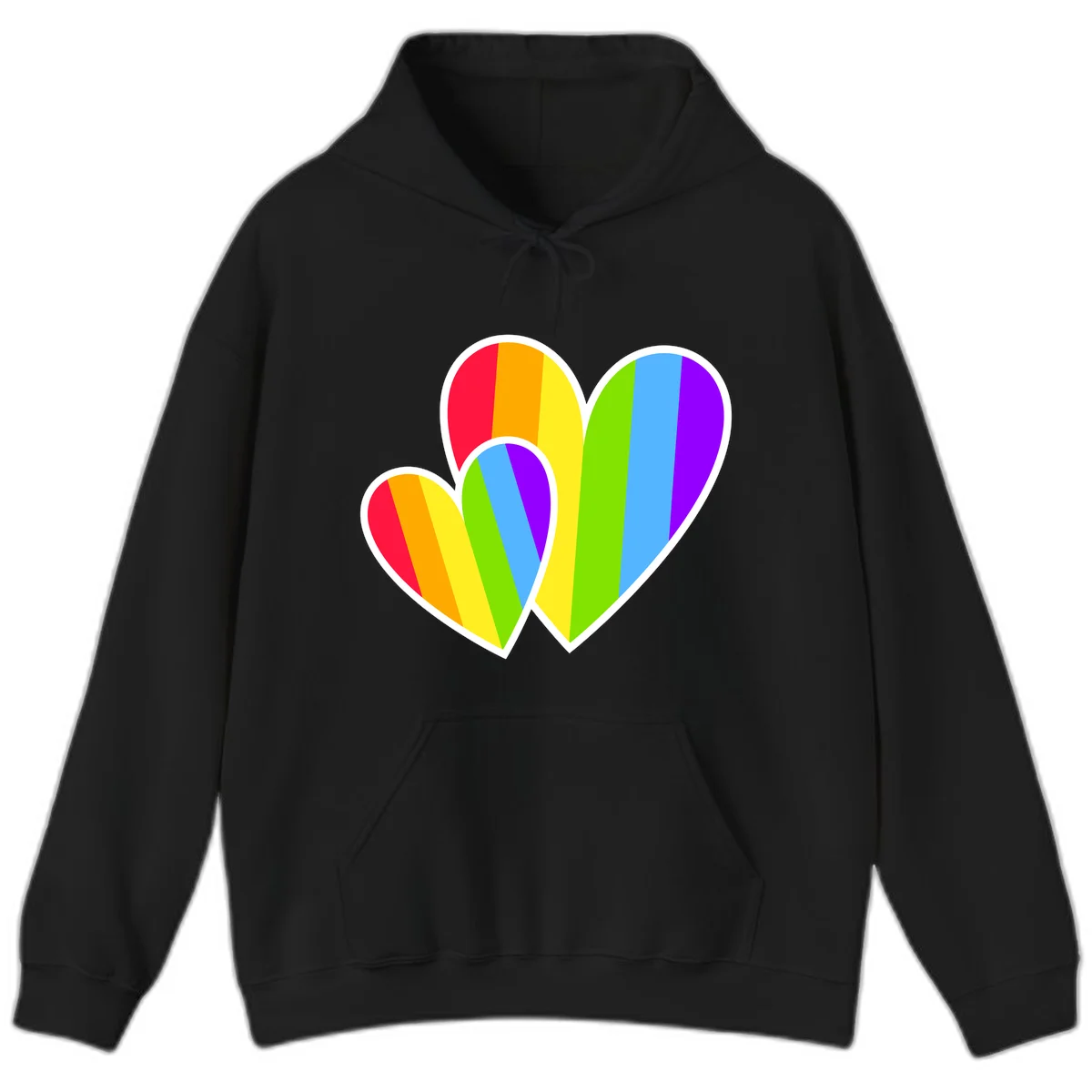 Three overlapping hearts with vertical rainbow stripes in pride colors: red, orange, yellow, green, blue, and purple with white borders in Black