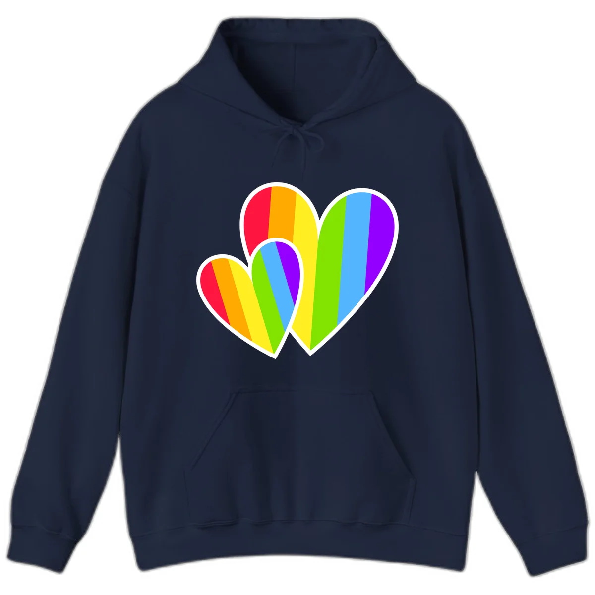 Three overlapping hearts with vertical rainbow stripes in pride colors: red, orange, yellow, green, blue, and purple with white borders in Navy