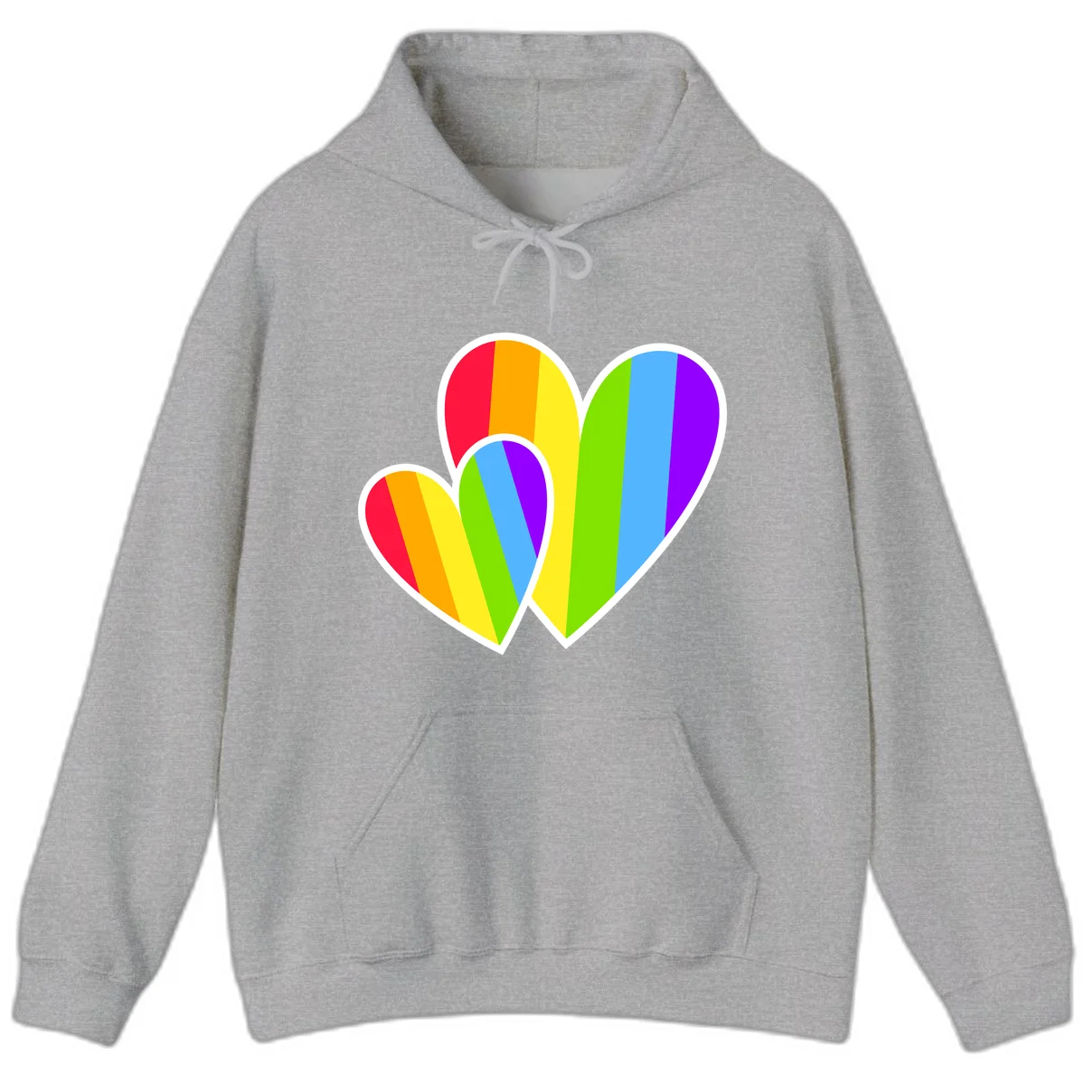 Three overlapping hearts with vertical rainbow stripes in pride colors: red, orange, yellow, green, blue, and purple with white borders in Sport Grey