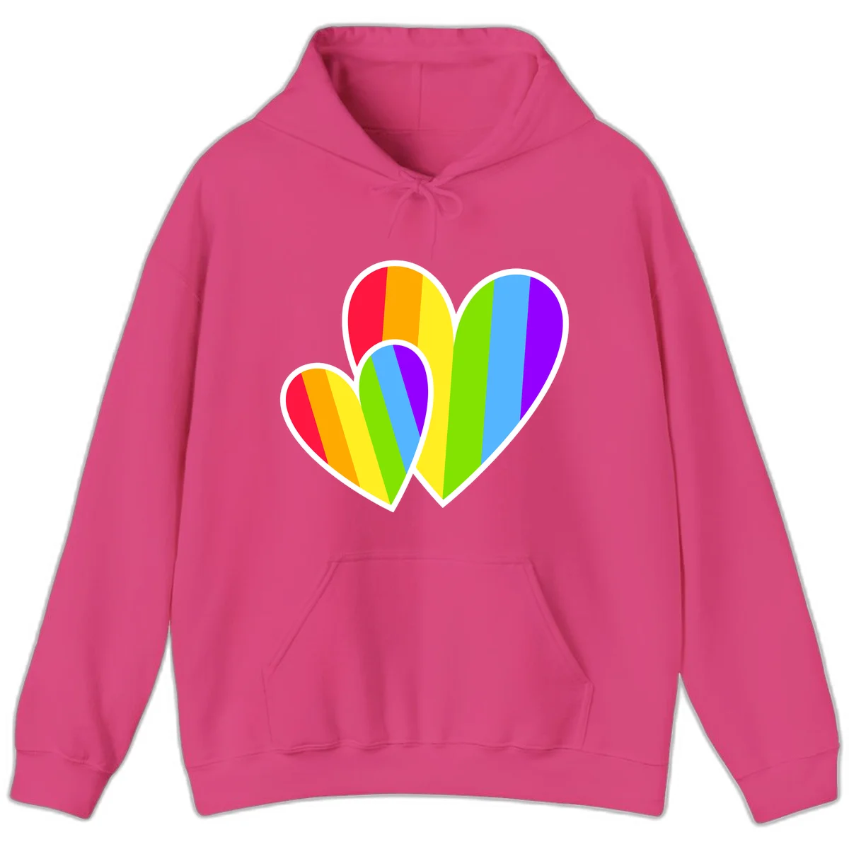 Three overlapping hearts with vertical rainbow stripes in pride colors: red, orange, yellow, green, blue, and purple with white borders in Heliconia