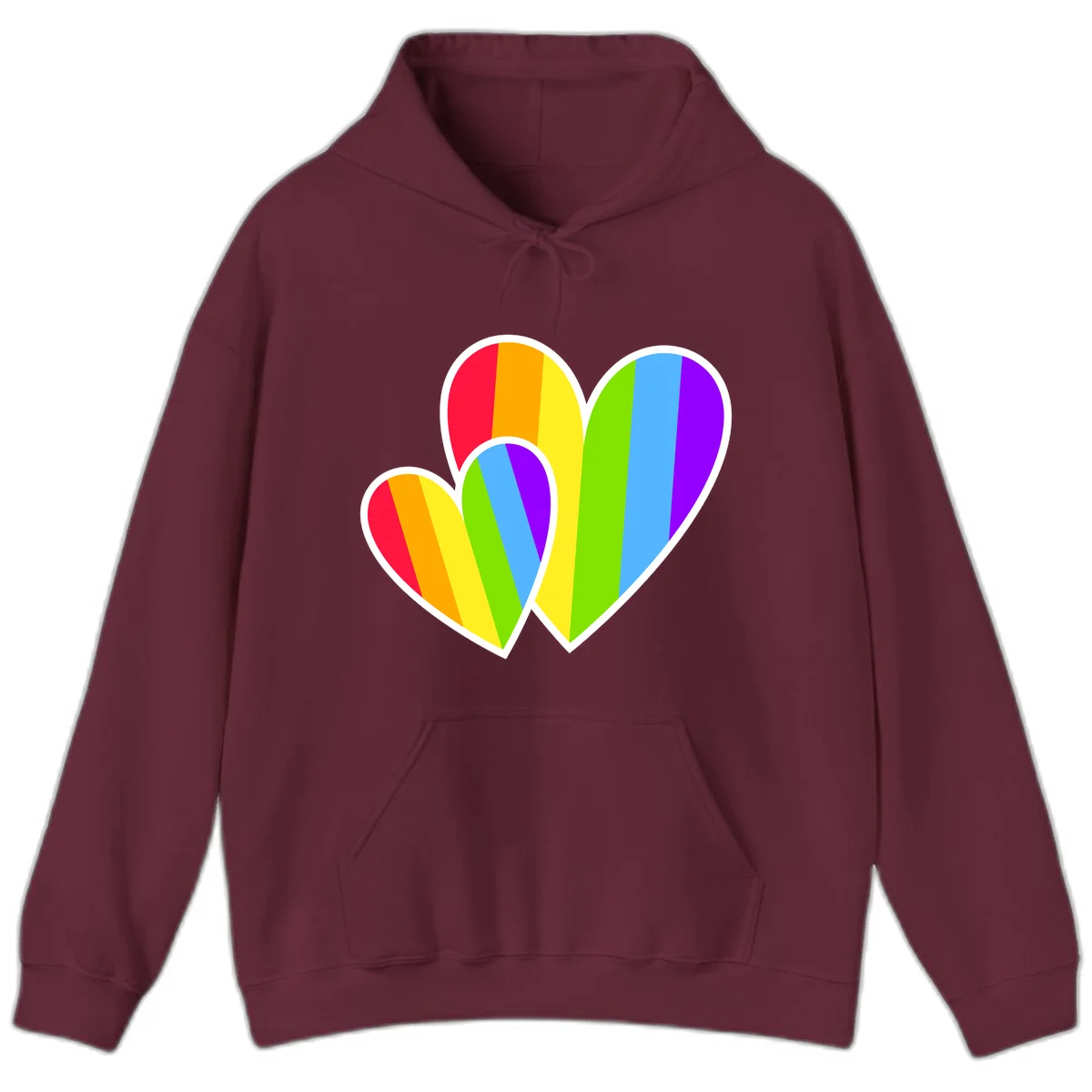 Three overlapping hearts with vertical rainbow stripes in pride colors: red, orange, yellow, green, blue, and purple with white borders in Maroon