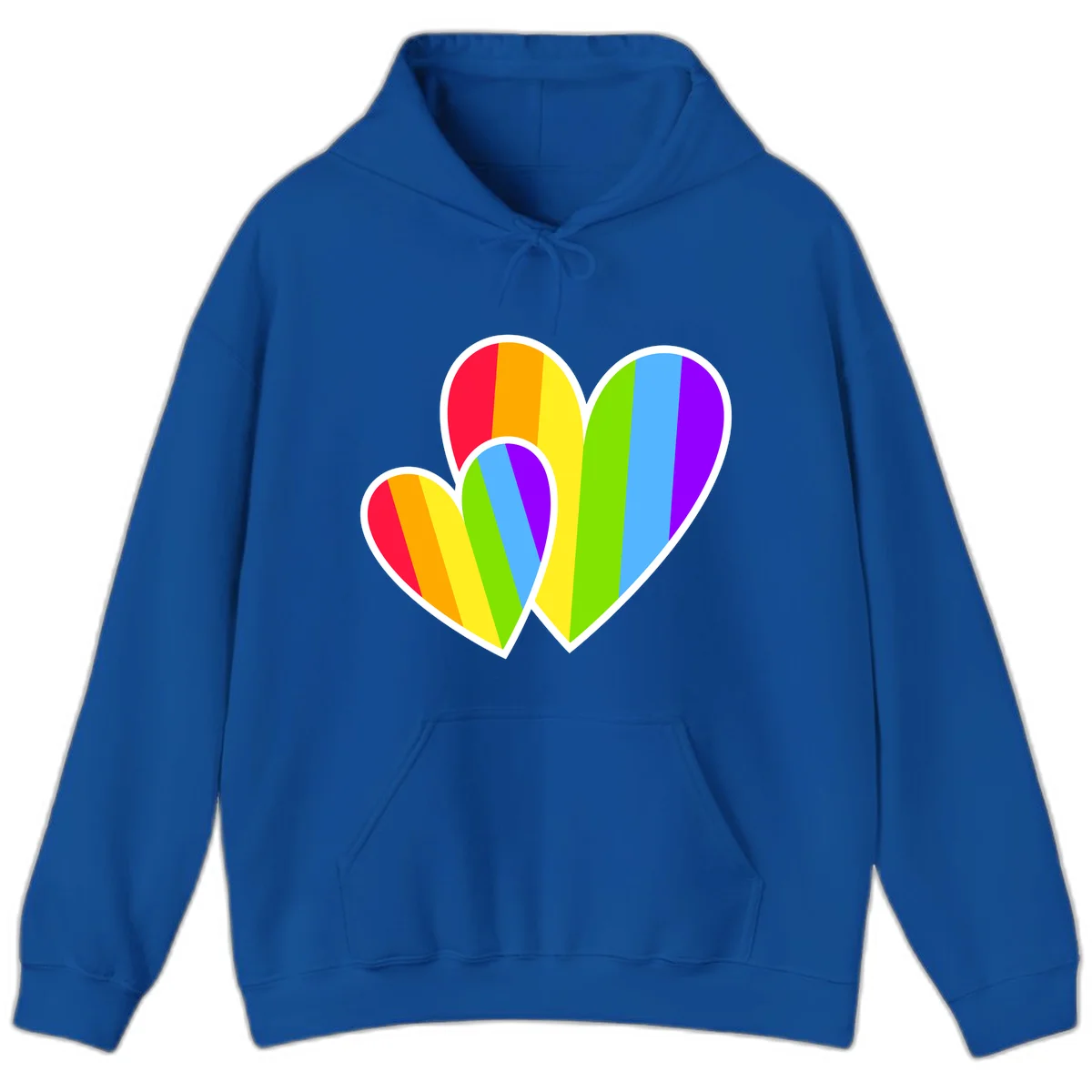 Three overlapping hearts with vertical rainbow stripes in pride colors: red, orange, yellow, green, blue, and purple with white borders in Royal