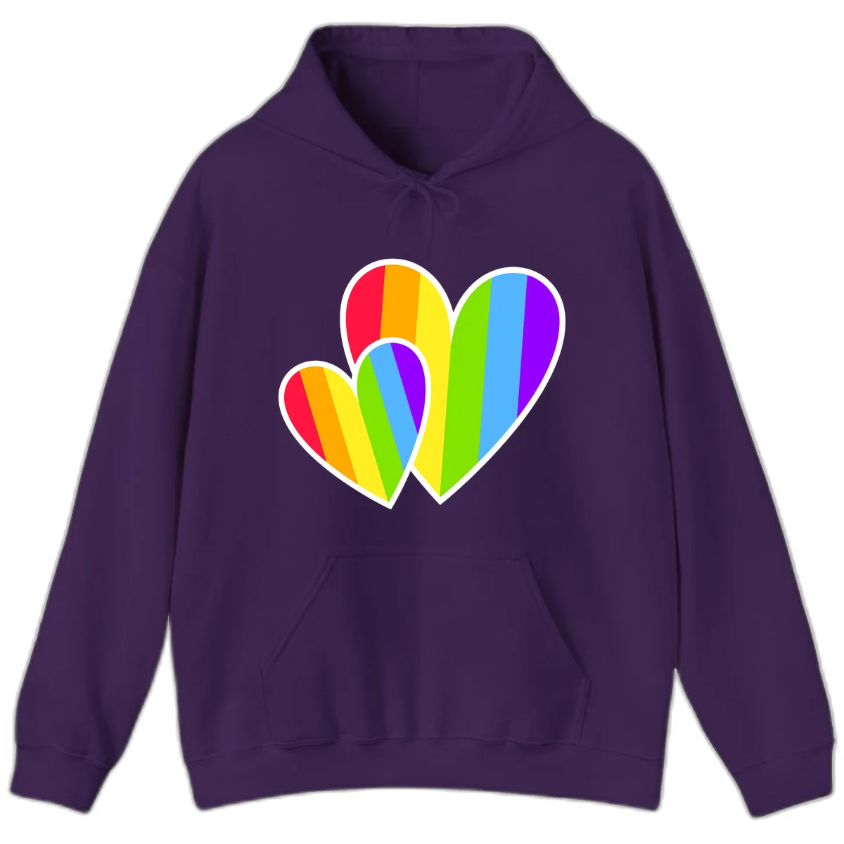 Three overlapping hearts with vertical rainbow stripes in pride colors: red, orange, yellow, green, blue, and purple with white borders in Purple