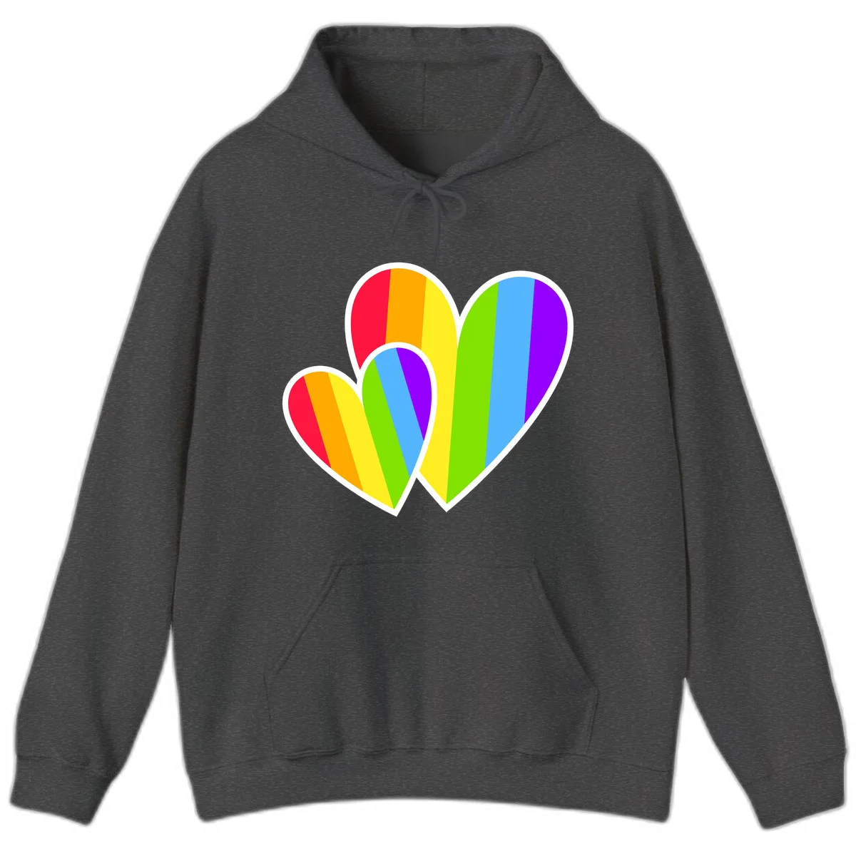 Three overlapping hearts with vertical rainbow stripes in pride colors: red, orange, yellow, green, blue, and purple with white borders in Dark Heather