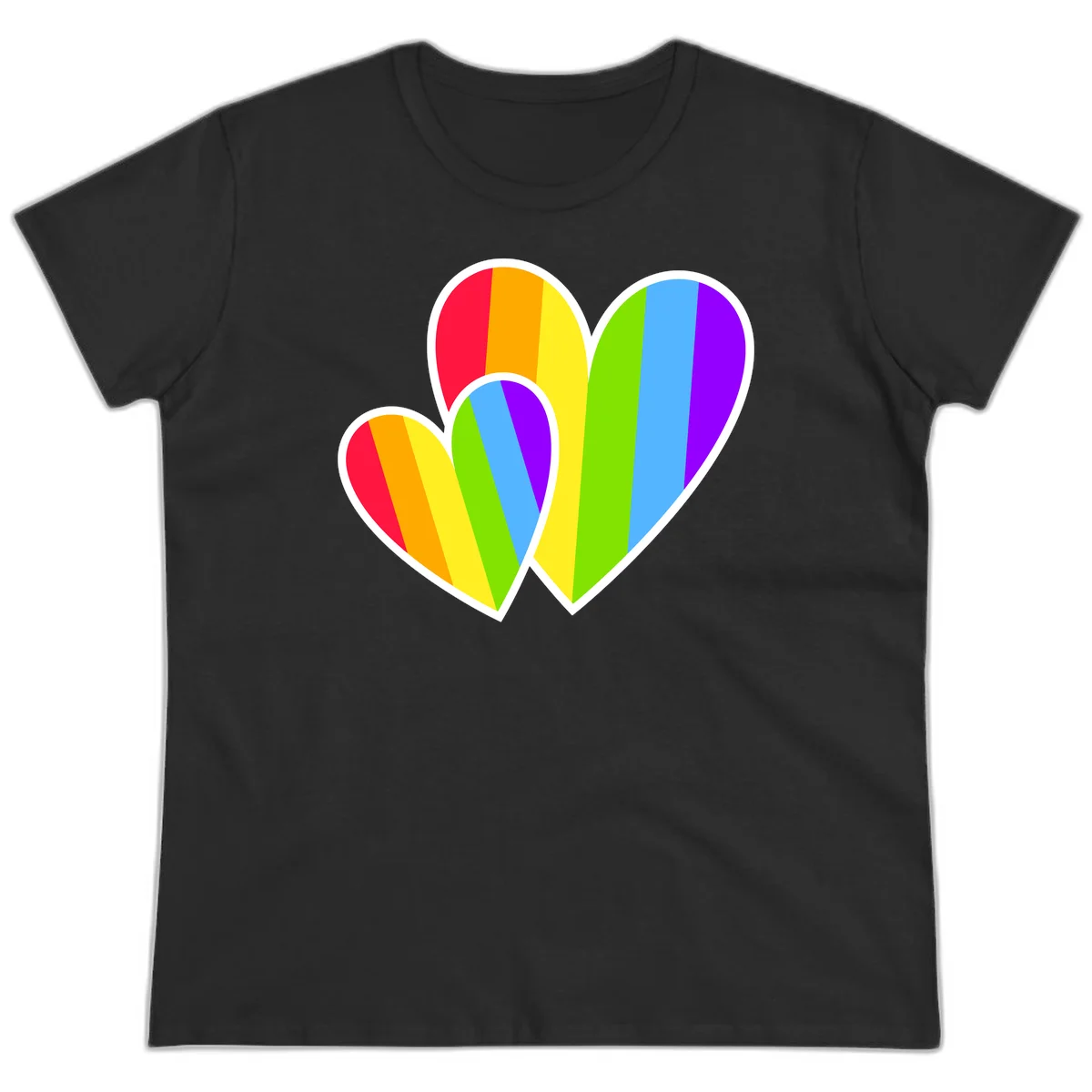 Three overlapping hearts with vertical rainbow stripes in pride colors: red, orange, yellow, green, blue, and purple with white borders in Black