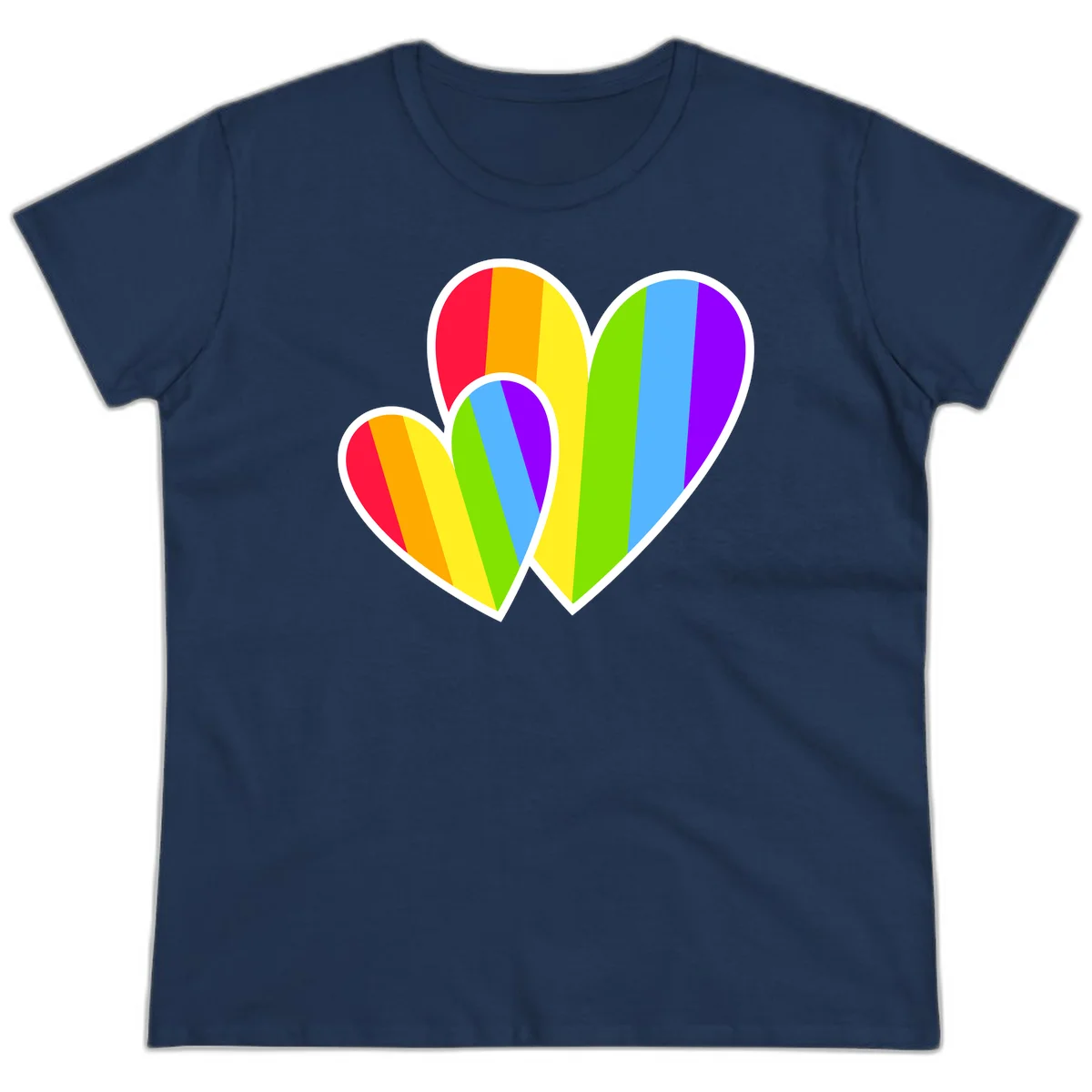 Three overlapping hearts with vertical rainbow stripes in pride colors: red, orange, yellow, green, blue, and purple with white borders in Navy