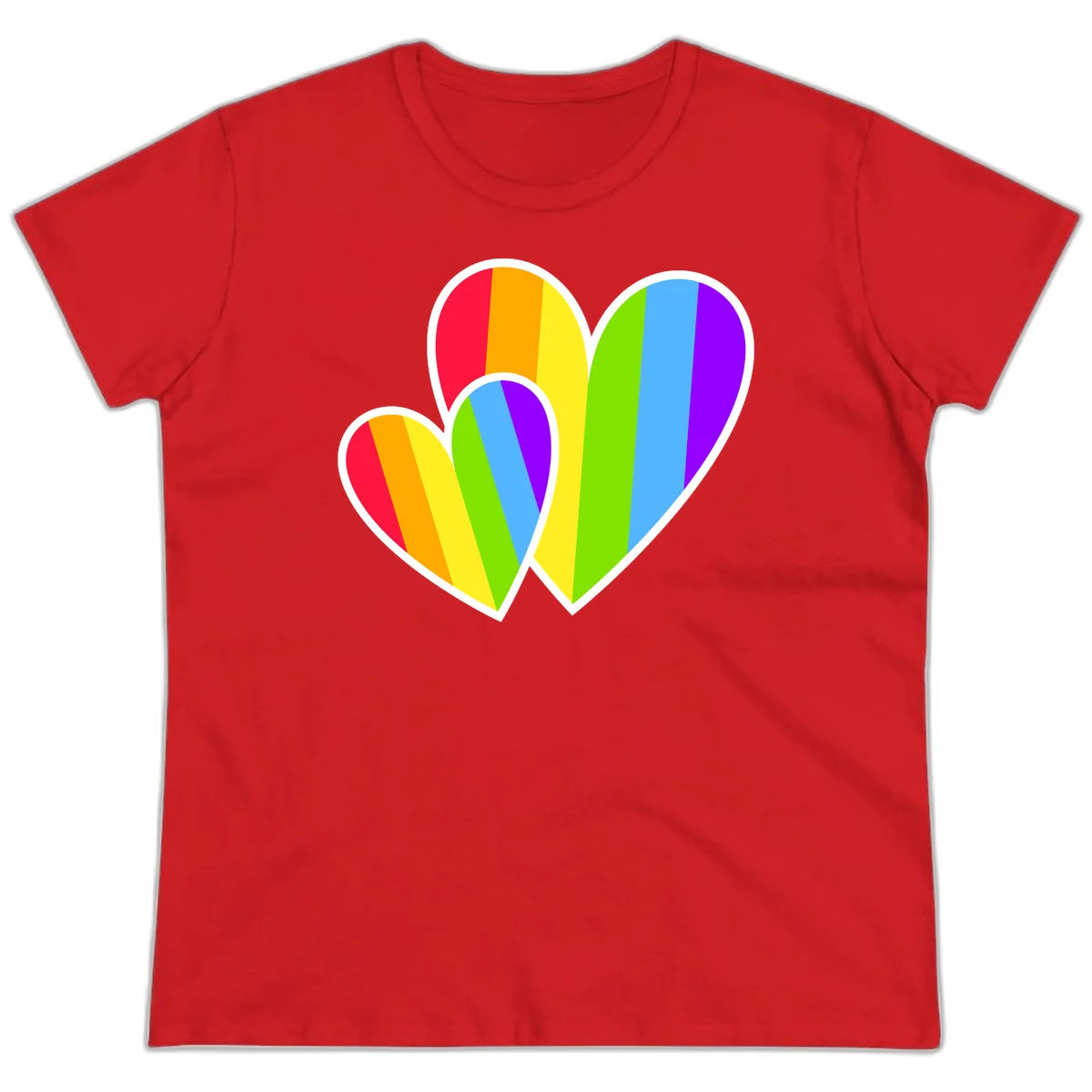 Three overlapping hearts with vertical rainbow stripes in pride colors: red, orange, yellow, green, blue, and purple with white borders in Red