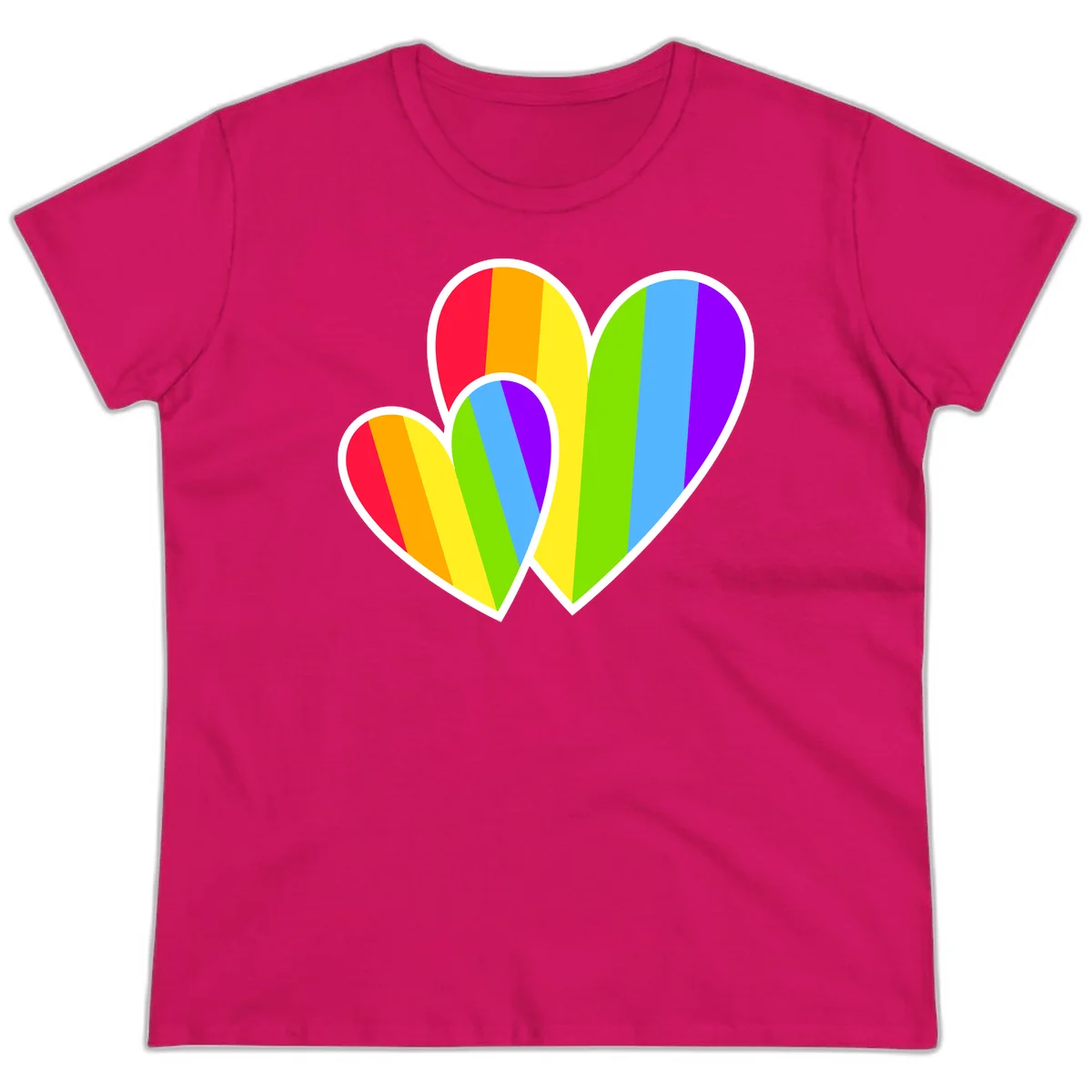 Three overlapping hearts with vertical rainbow stripes in pride colors: red, orange, yellow, green, blue, and purple with white borders in Heliconia