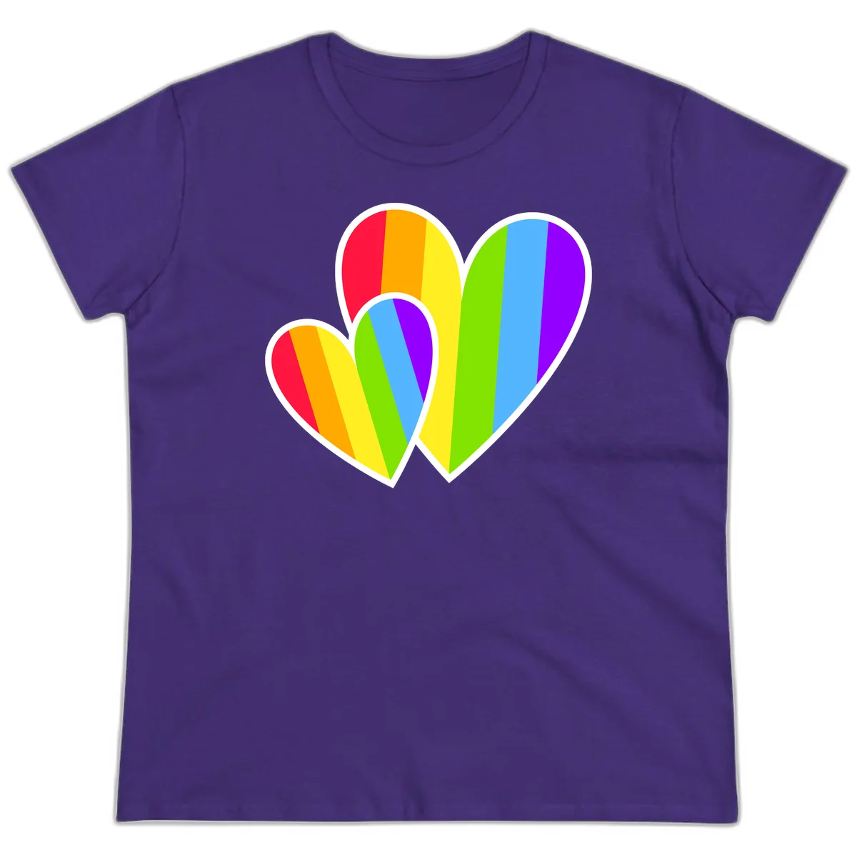 Three overlapping hearts with vertical rainbow stripes in pride colors: red, orange, yellow, green, blue, and purple with white borders in Purple